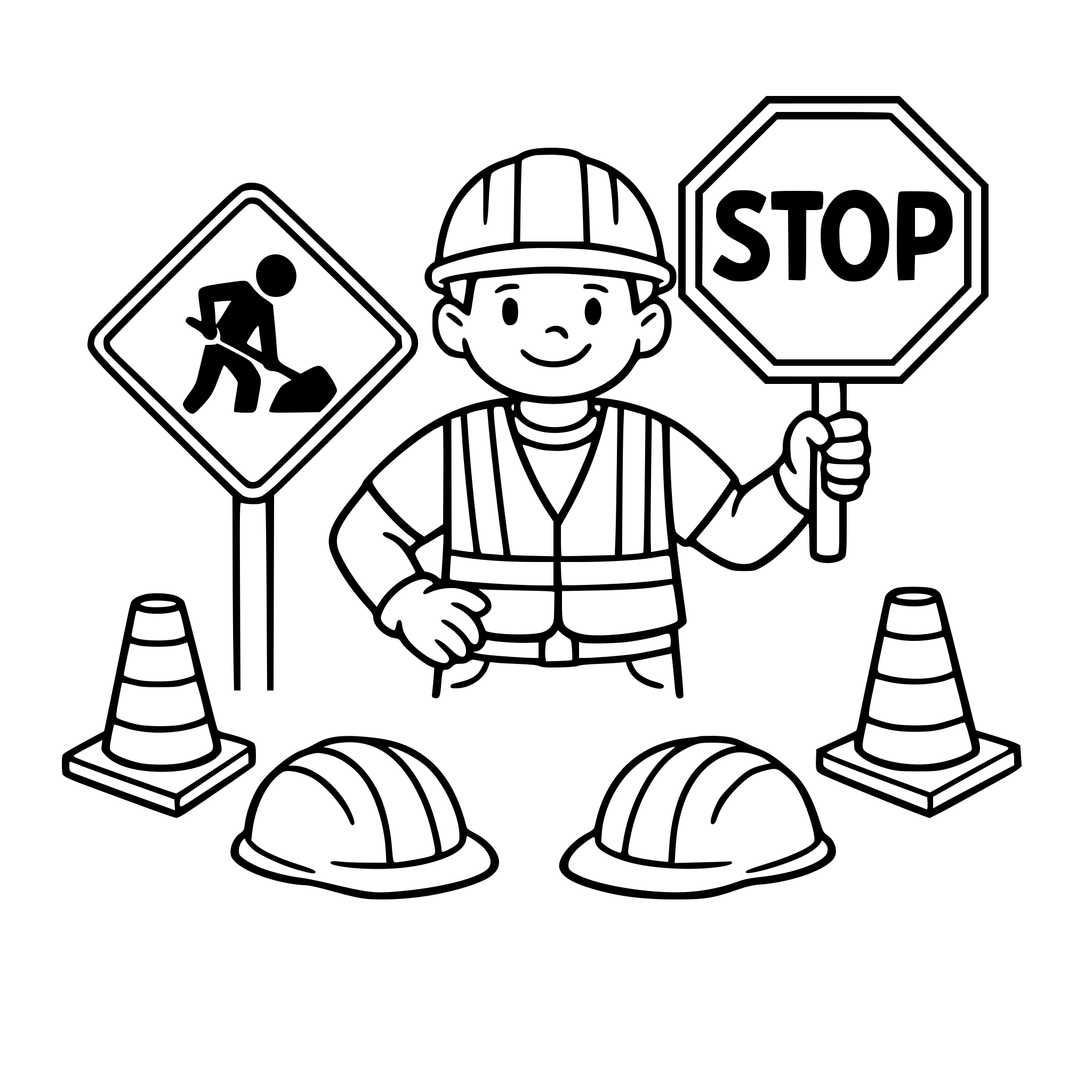 road work sign, person holding stop sign, hard hats, traffic cones,