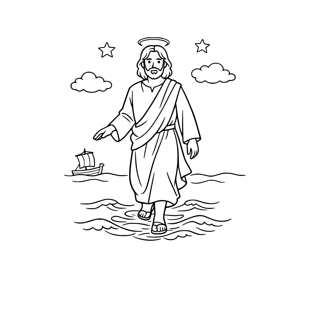 simple line art of jesus walking on water