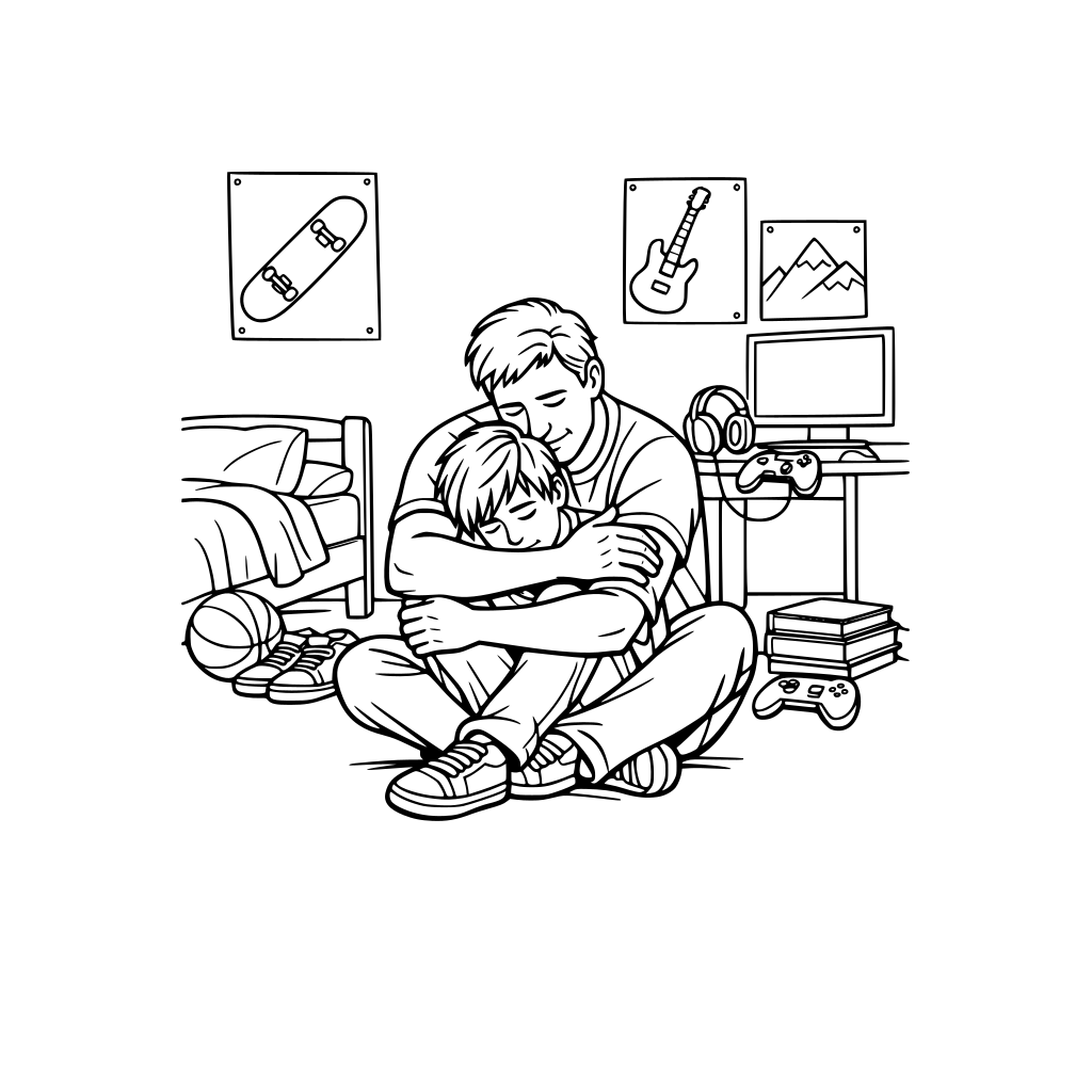 cuarto de un adolescente de fondo, en el suelo centrado un adolescente sentado, siendo abrazado por una figura paterna