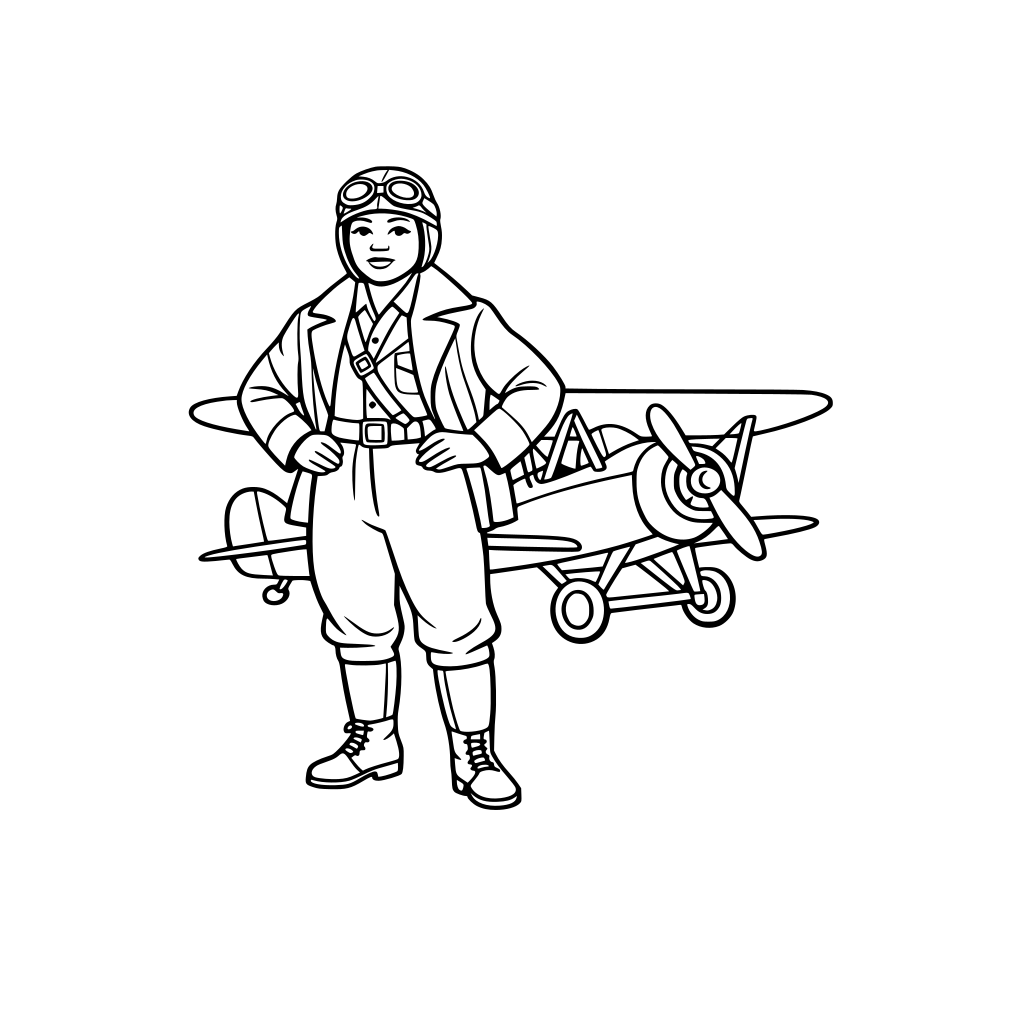 Bessie Coleman wearing pilot goggles standing beside a small early airplane, confident expression, minimal airplane detail.