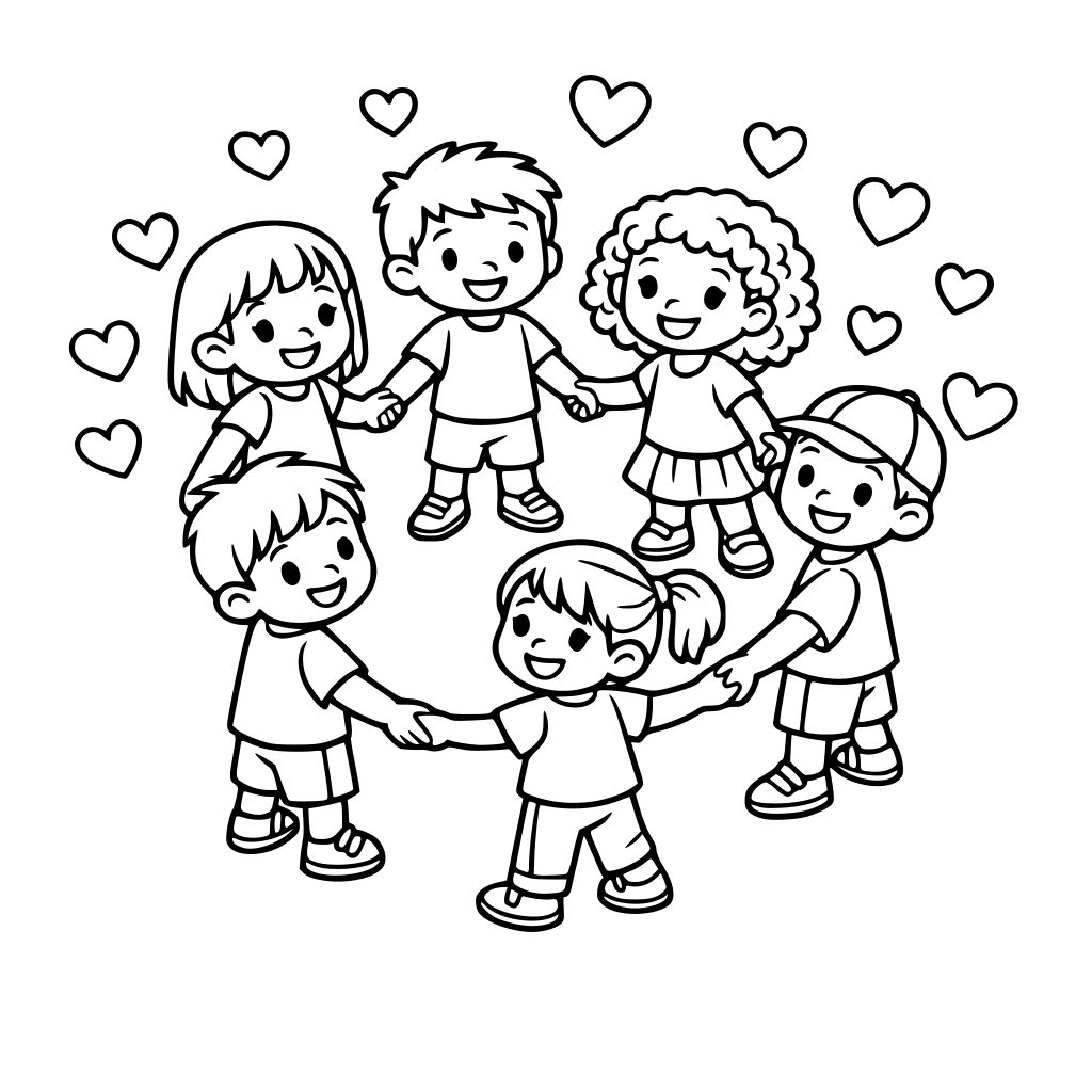 kids holding hands in a circle. Hearts floating in the air.