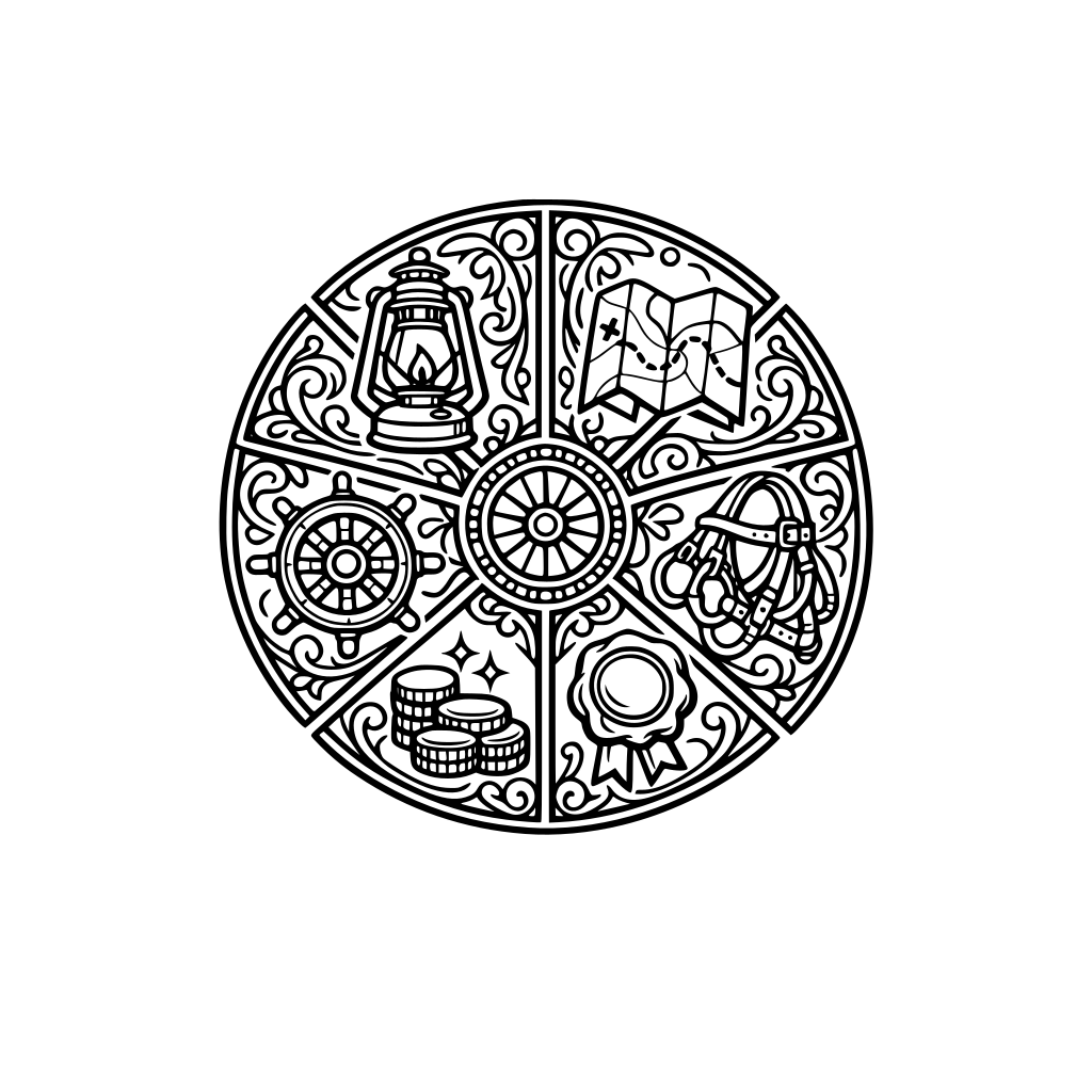 Create a black-and-white ornate medallion divided into 6 thick segments. Theme: Routes & Refuge. Icons to include across the segments: lantern, folded map, reins, wheel, wax seal, coin sparkle. Thick outlines, no shading, no gray, no text.