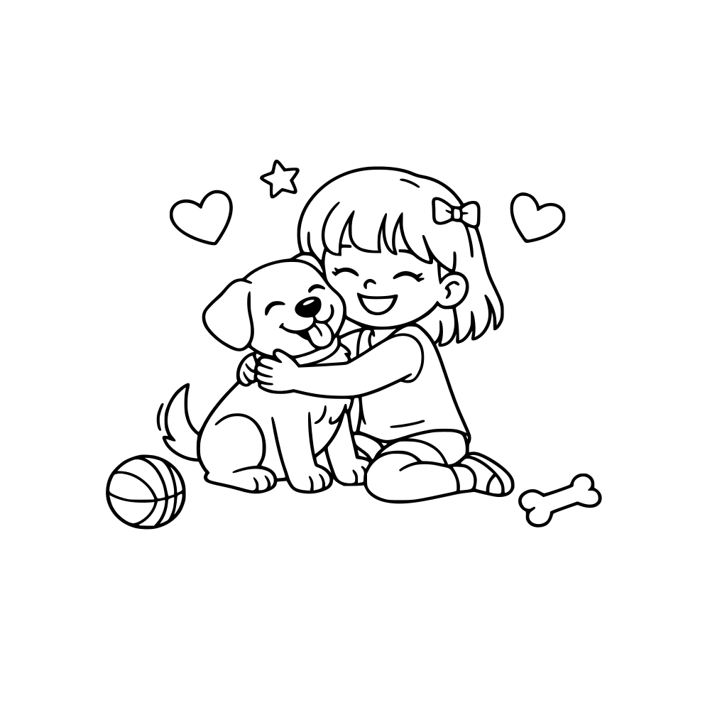 a coloring book for children featuring illustrations of children playing or cuddling with their pets