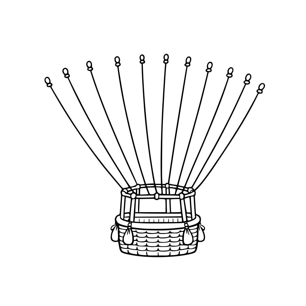 bitte grafik zum plotten generieren: heissluftballonkorb mit 20 schüren dran, die Kinder meiner Klasse sollen dann Ballons in form von Fingerabdrücken an die schnüre machen damit es so aussieht, als ob der Ballonkorb von 20 Ballons gezogen wird