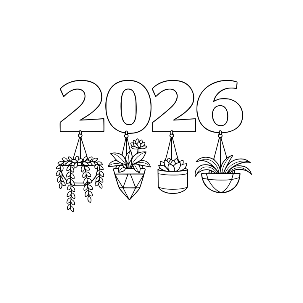 2026 numbers with four evenly spaced hanging plant pots suspended from the numbers, elegant indoor plants, modern minimal design, clean black and white coloring book style, bold smooth outlines, simple shapes, no shading, white background