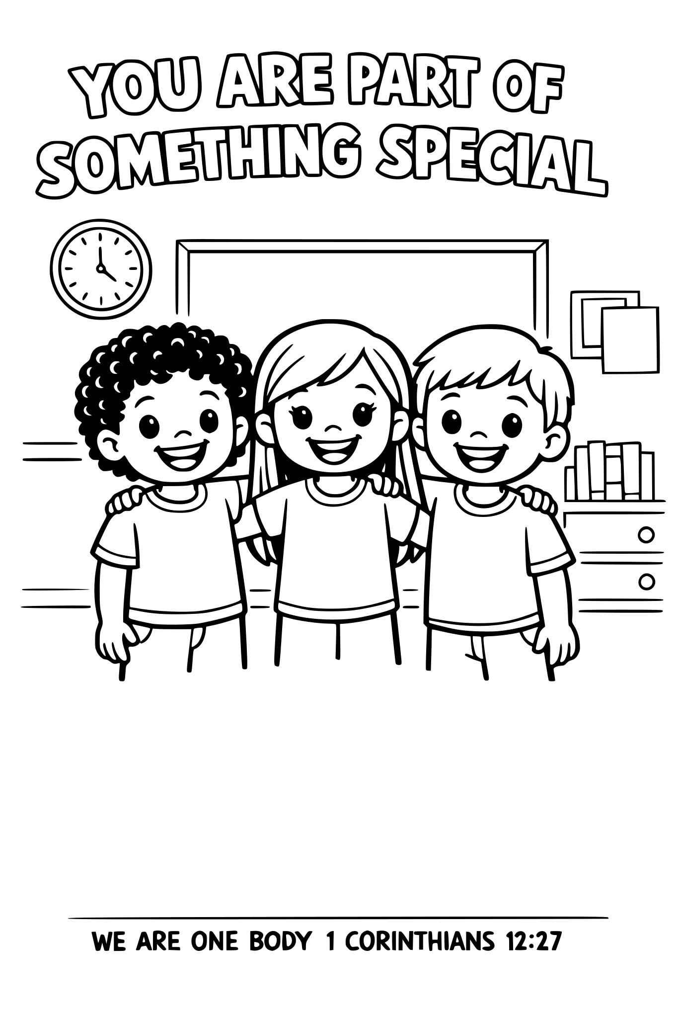 Black and white coloring page, simple kids line art, 3 child