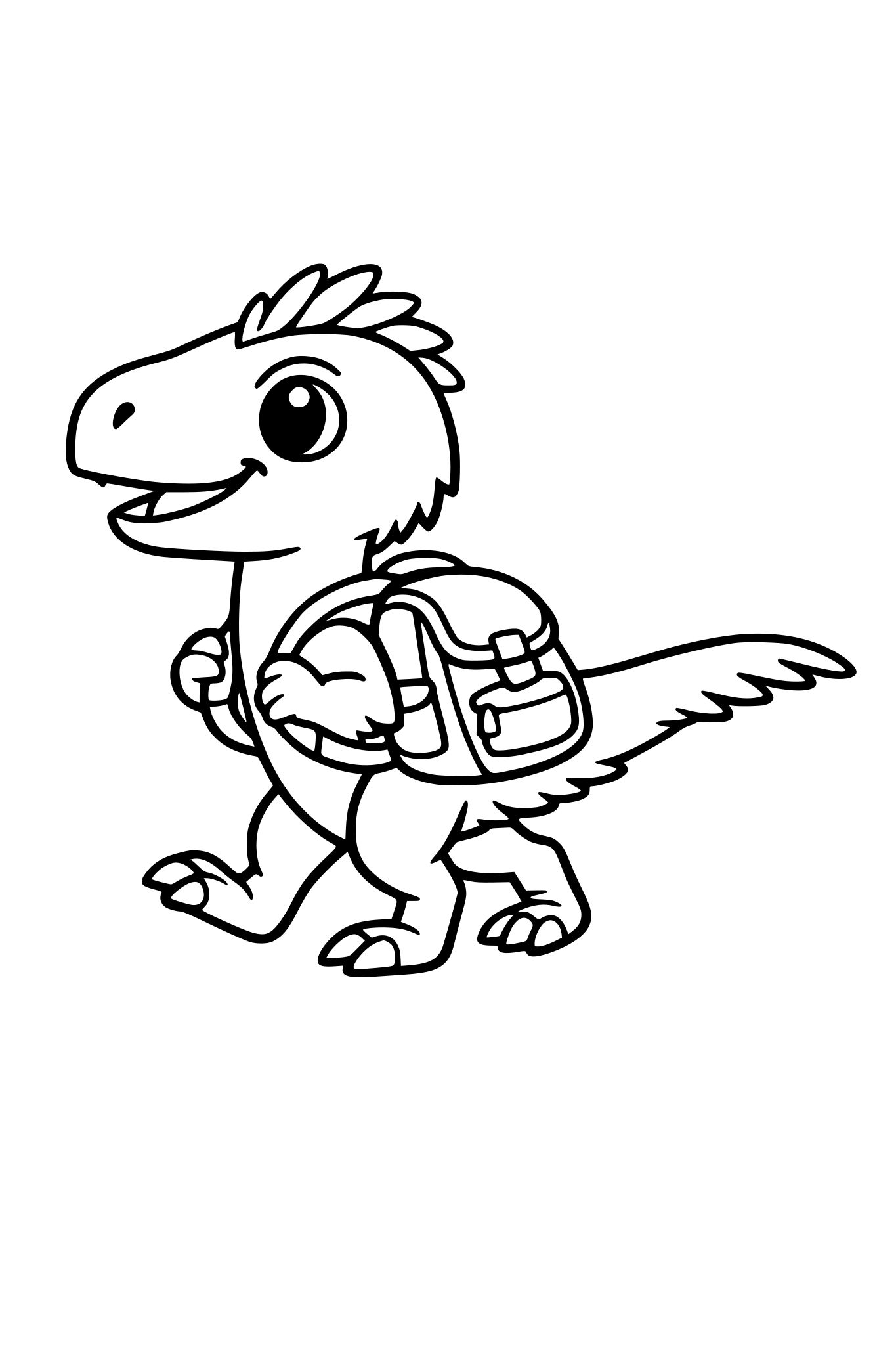 mały słodki, dinozaur - Fukuivenator, trzyma plecak - idzie do szkoły, obrazek dla małych dzieci, bez szczegółów, bez tła