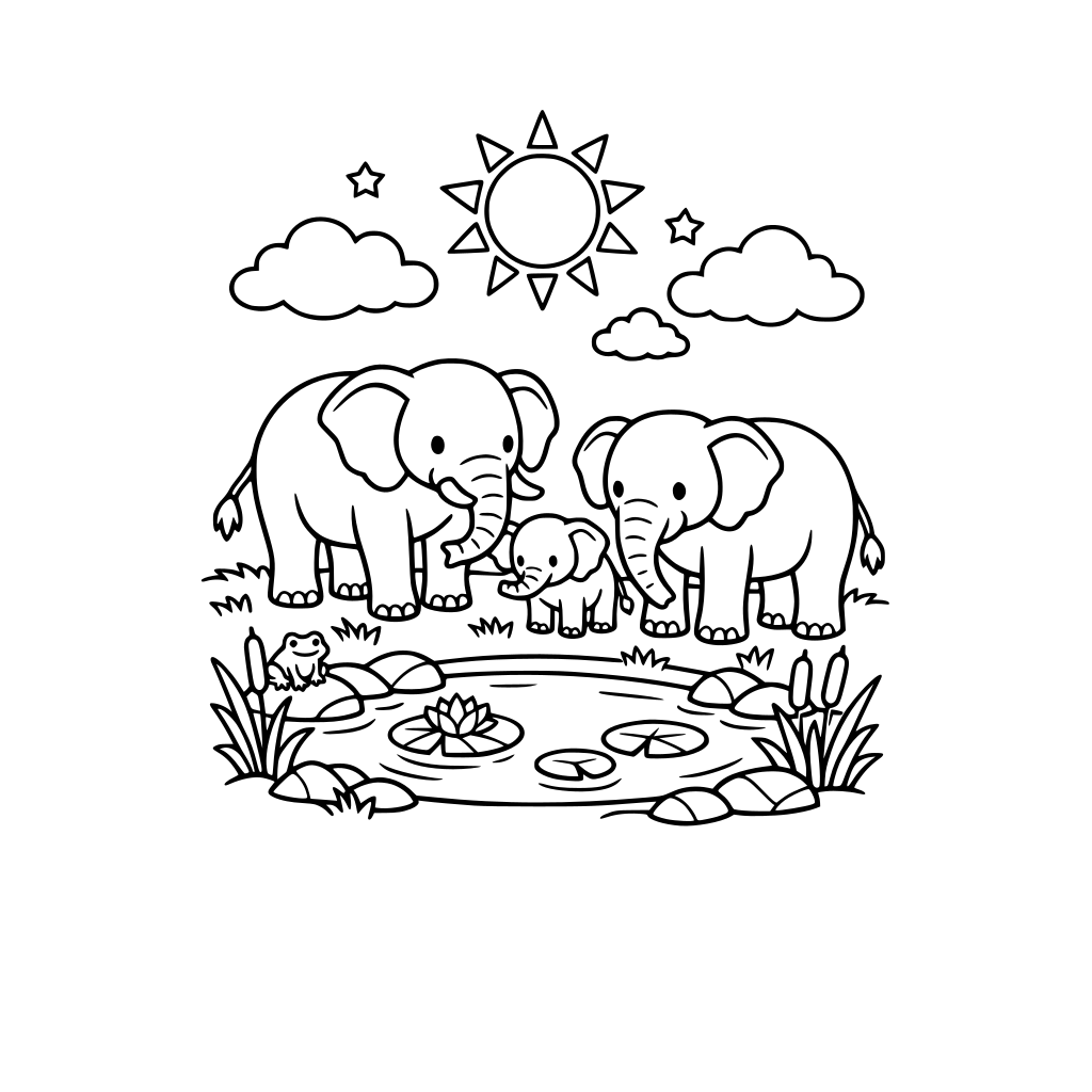 elephants with sun clouds and pond