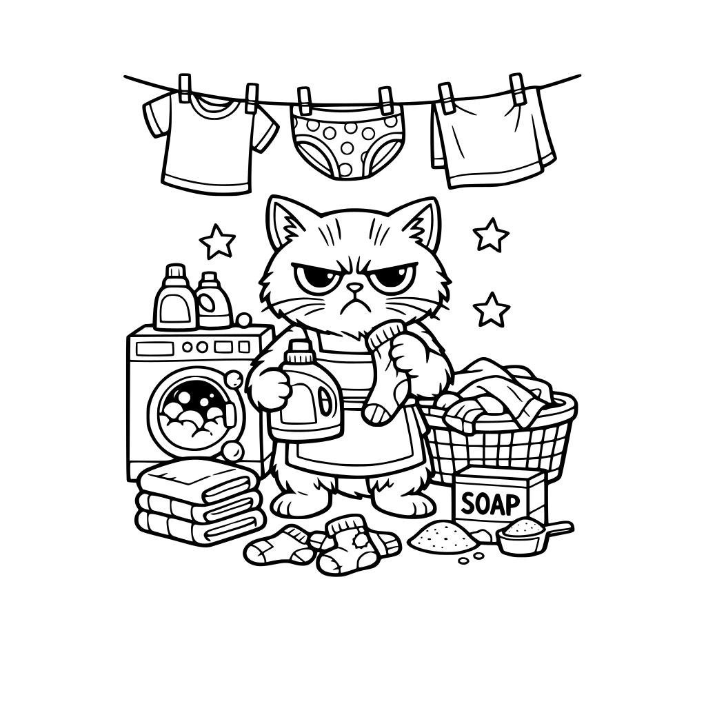 A grumpy cat doing laundry.