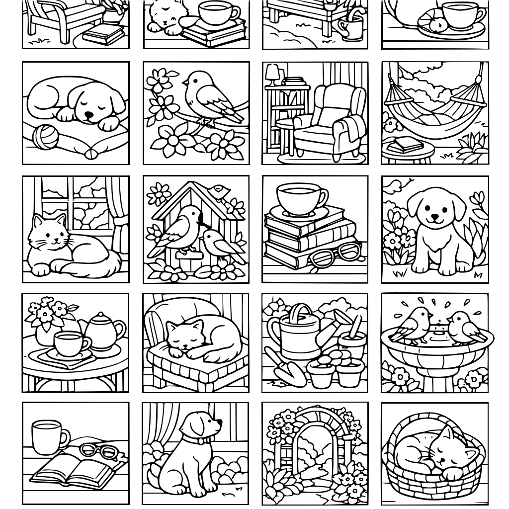 Com base no estilo 'Quiet Garden', que traz cenas acolhedoras de interiores e exteriores — como cantinhos para leituras no jardim, xícaras de chá, gatos cachorrros e pássaros — faça 24 imagens de colorir no formato 8,5 x 11 polegadas (proporção vertical)