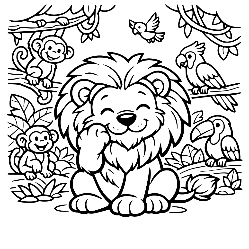 león cariñoso en blanco y negro para colorear, con un fondo de selva. Hay otros animales como monos y aves