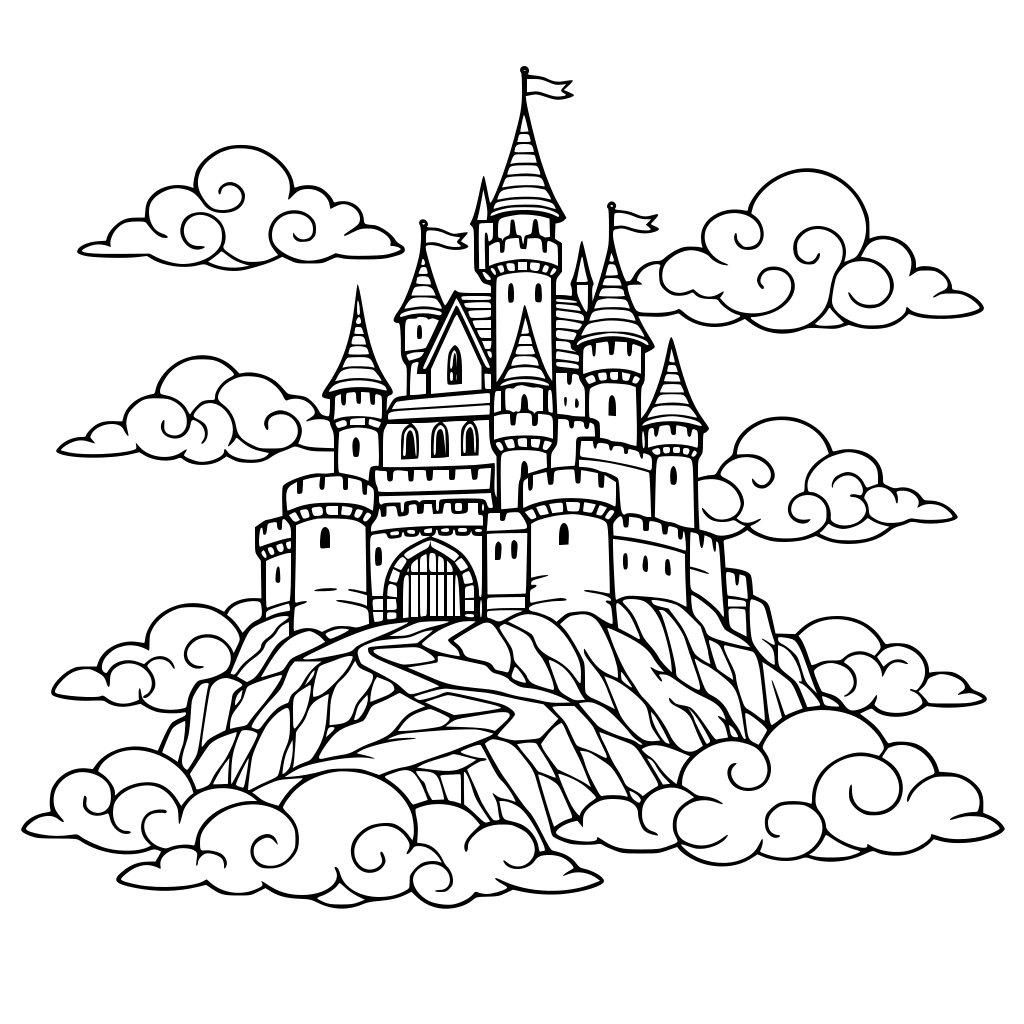 A castle on a hill with clouds