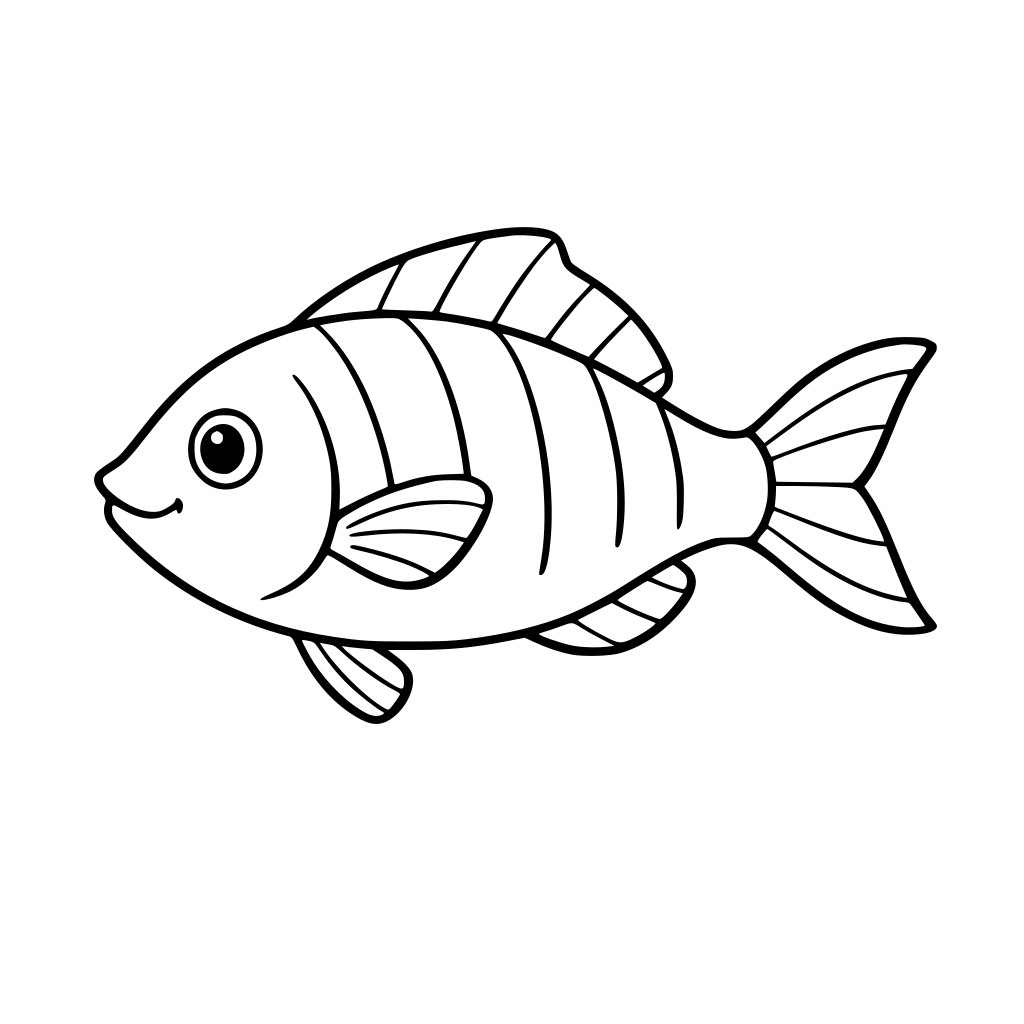 F f – Fish 🐟 سمكة جانبية، زعنفة واضحة، ذيل مقوس، خطوط بسيطة لتلوينها بسهولة.