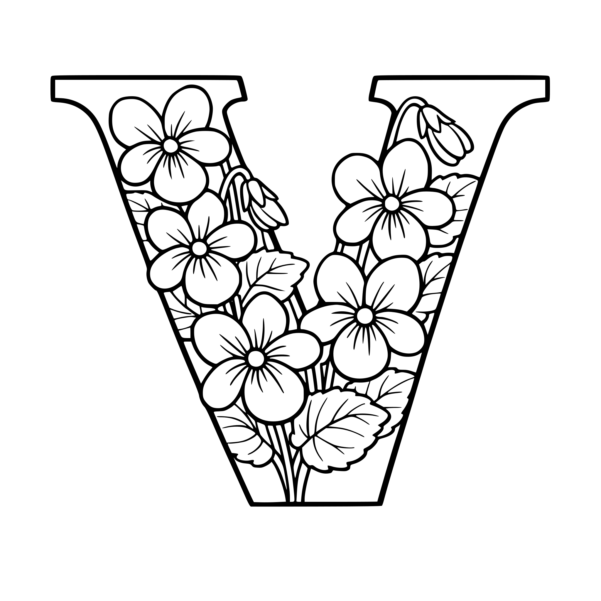 V coloring page with Violets inside the V