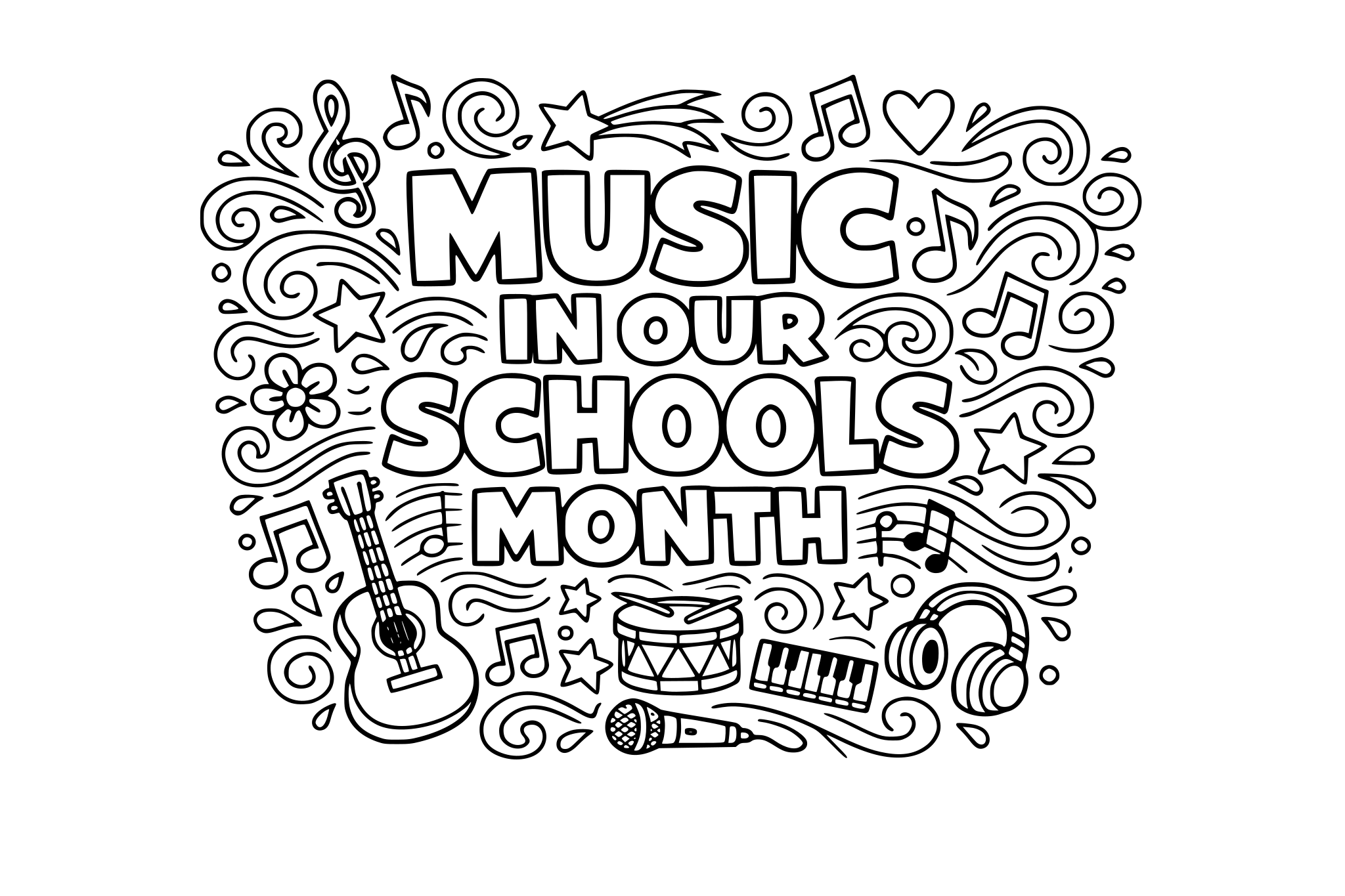 block letters that say "music in our schools month" surrounded by doodle type swirls and other designs