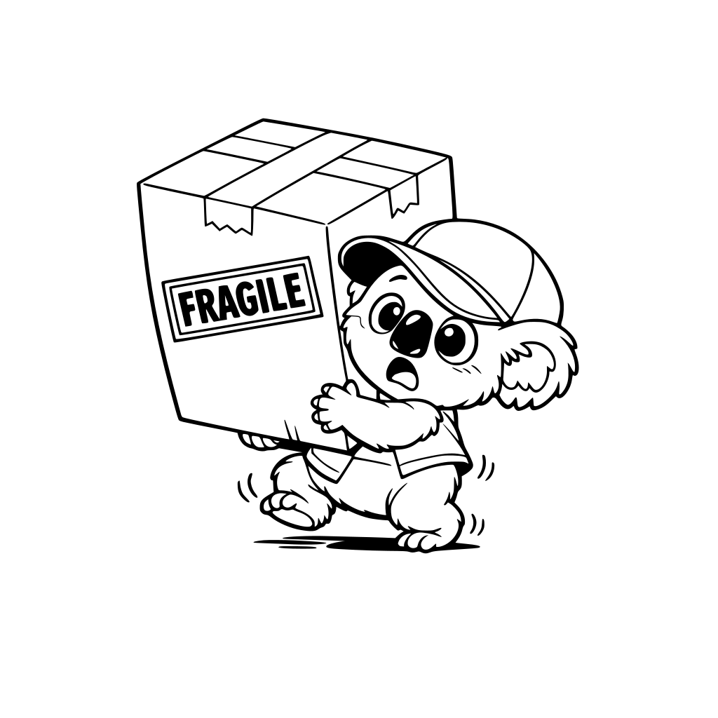 Cute koala wearing an oversized delivery hat , struggling to carry a giant cardboard package that is almost bigger than the koala. The koala’s eyes are wide and surprised. Big bold stamp on the box that says “FRAGILE”. Simple. Huge visual.