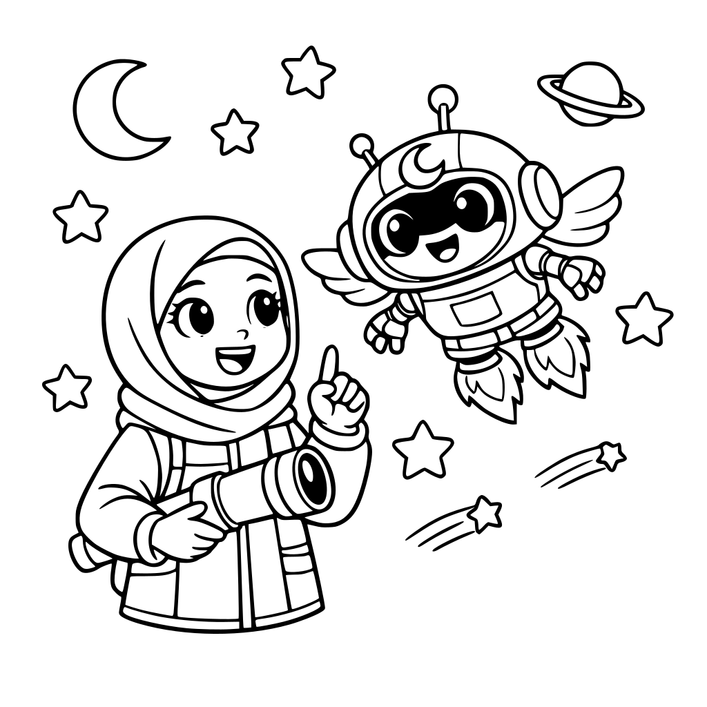 "Selam küçük kaşif! Benim adım Nur. En sevdiğim şey yıldızlara bakmak ve gökyüzündeki sırları keşfetmek. Bu da benim en iyi arkadaşım, uçan ve konuşan robotum Hilal-Bot! O da benim gibi gökyüzünü çok merak ediyor.