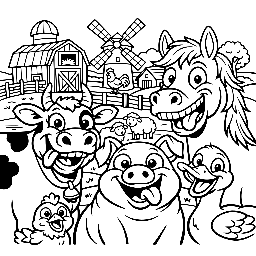 zaprojektuj tytułową bardzo kolorową okładkę na tle niech znajduje się farma zwierząt a na przodzie niech będą widoczne duże zwierzeta pasujące to tła np. krowa, świnia, koń itp. zwięrzeta mogą mieć śmieszne miny