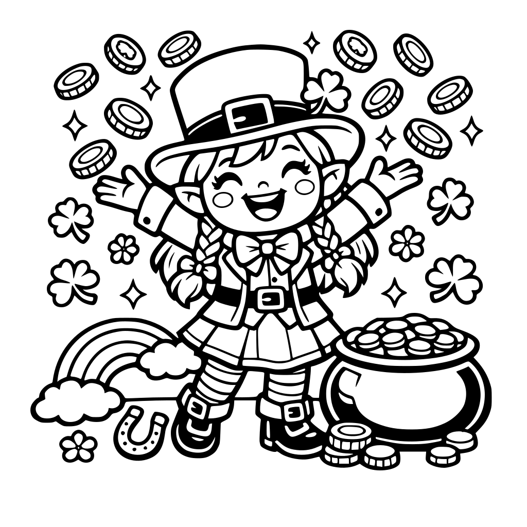 Square coloring book page that is black and white with a cute friendly leprechaun. She is throwing gold coins in the air. Fill the whole page with great detail. Simple art bold and easy cartoon style.