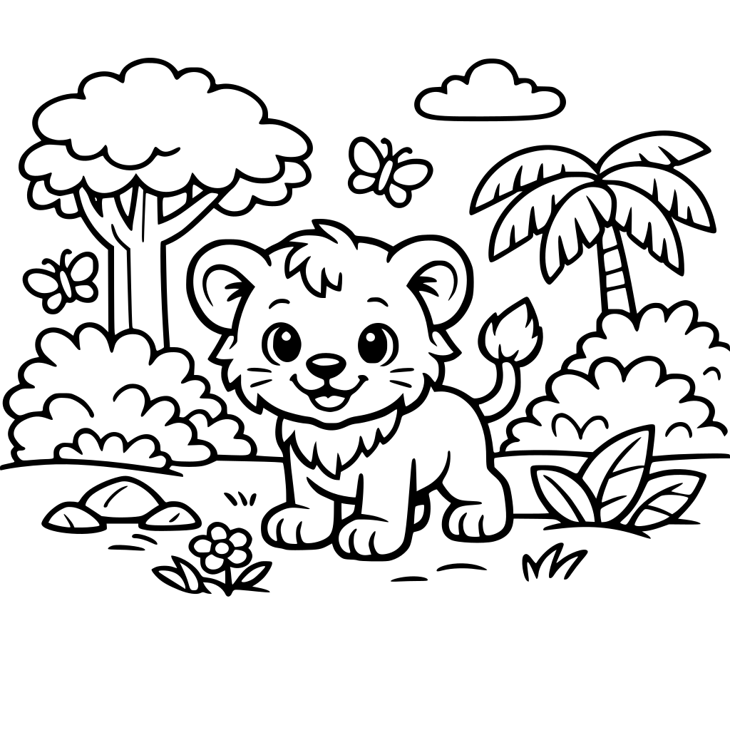 A baby lion cub exploring a jungle, surrounded by simple trees and bushes, bold black-and-white lines for toddlers to color
