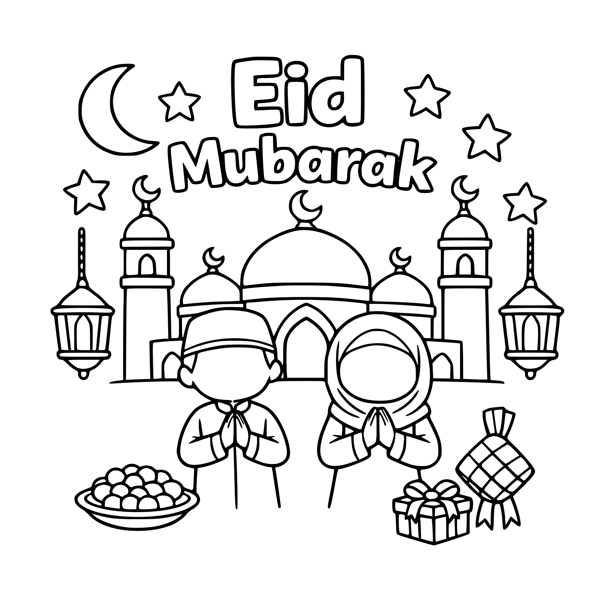 Create me a Eid Mubarak colouring page for kids Without eyes