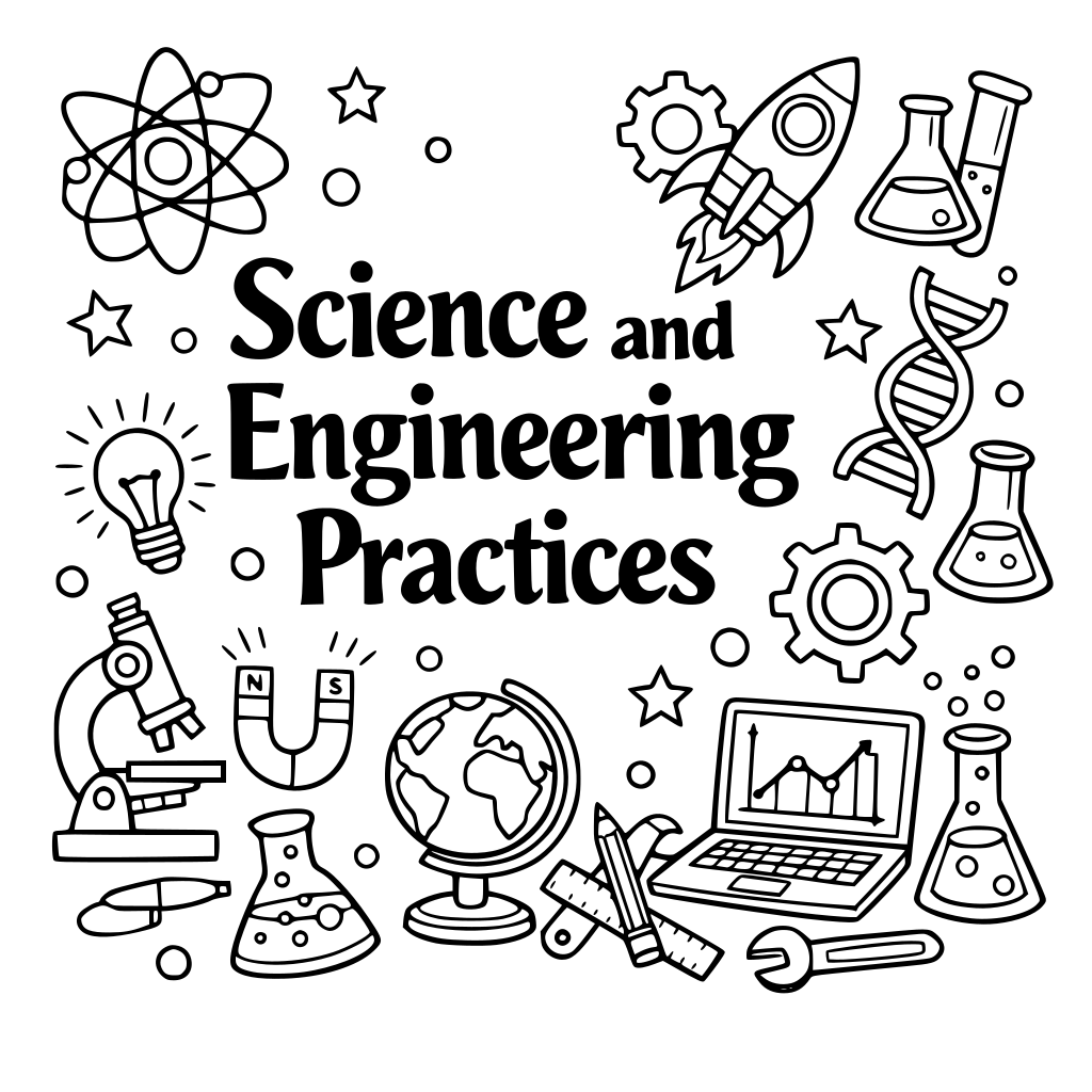 Create a title page that says, "Science and Engineering Practices" Make it look like an adult coloring book, not a children's one.