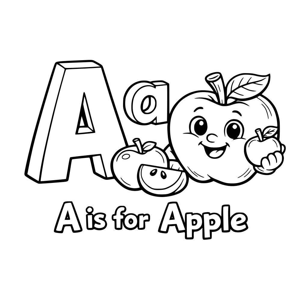 Alphabet A for Apple with Example in cartoon 3d