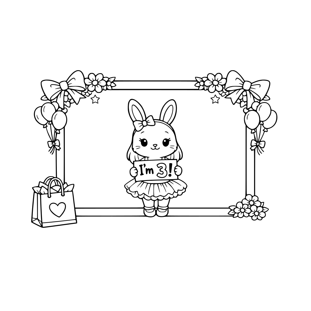 Landscape coloring page, black-and-white line art: a big photo booth frame with corners decorated in bows, flowers, and tiny balloons. Inside the frame: one bunny girl in a tutu holding a sign that says “I’m 3!”. Outside frame: a gift bag and balloon bunch