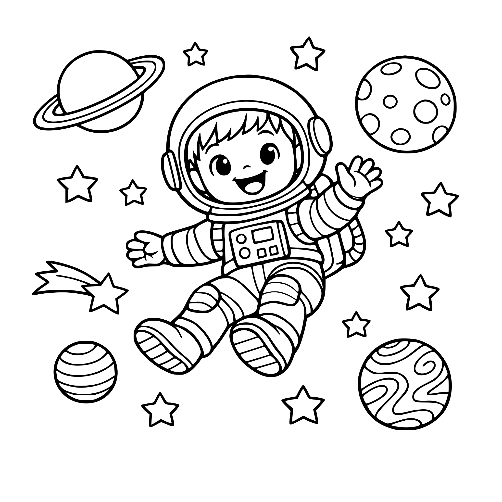 Cute astronaut kid floating in space, smiling, surrounded by stars and planets