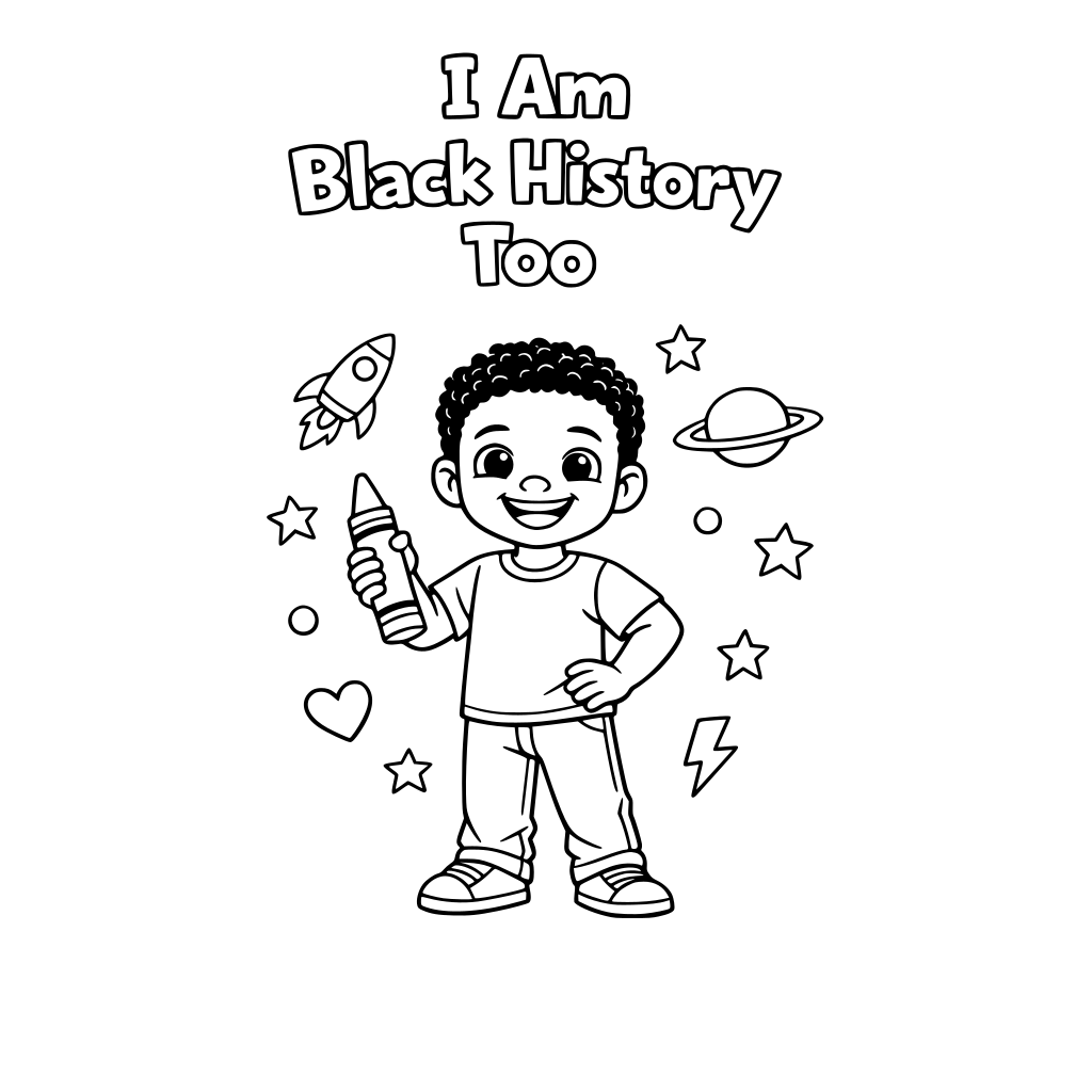 Smiling Black child standing confidently holding a crayon, space above for title text “I Am Black History Too,” minimal stars and simple shapes in background.