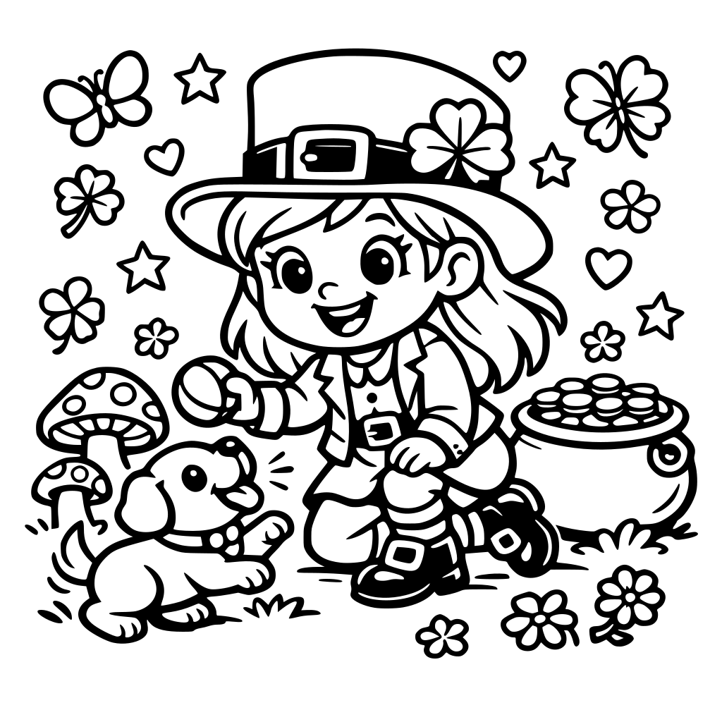 Square coloring book page that is black and white with a cute friendly leprechaun. She is playing with a puppy. Fill the whole page with great detail. Simple art bold and easy cartoon style.