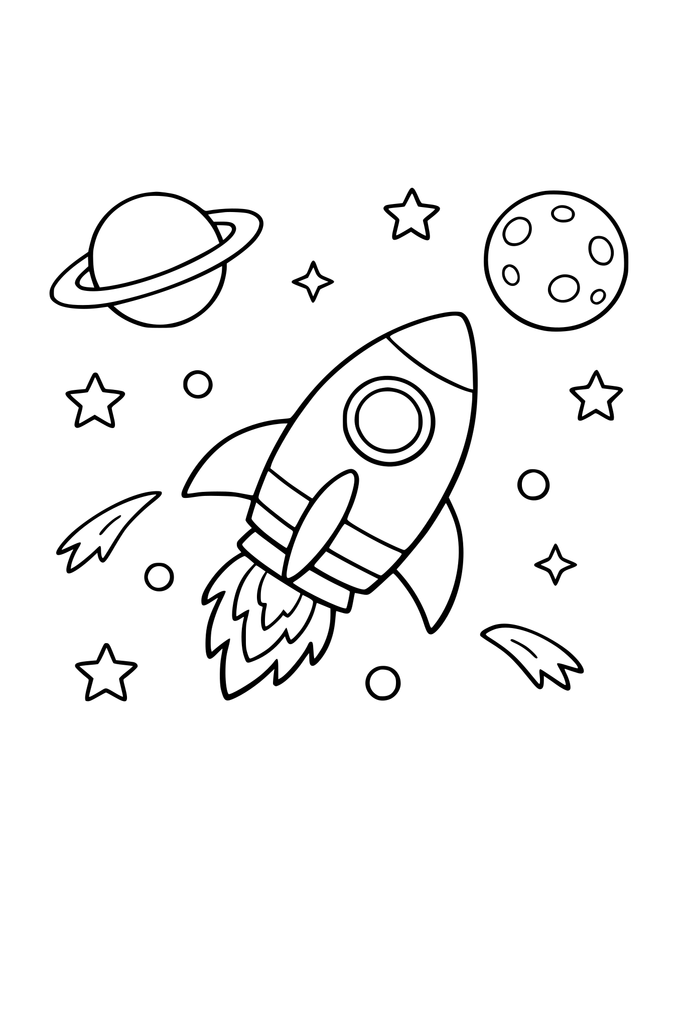 Small rocket flying in space, simple coloring page