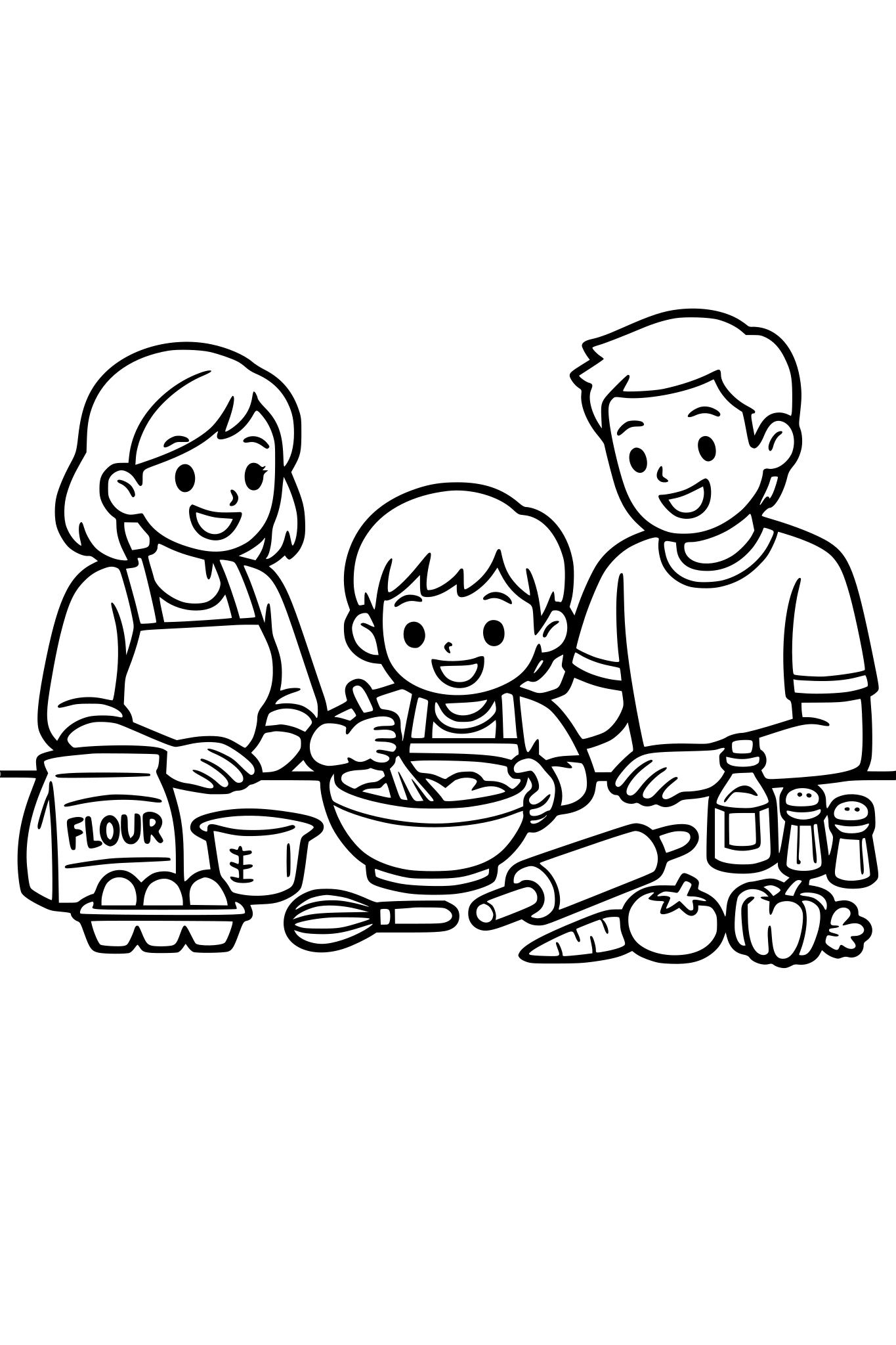 cute kids coloring page, happy mom, dad and child cooking together in the kitchen, child mixing ingredients in a bowl while parents smile, cooking tools and vegetables on the counter, simple shapes, thick outlines, black and white coloring book illustration