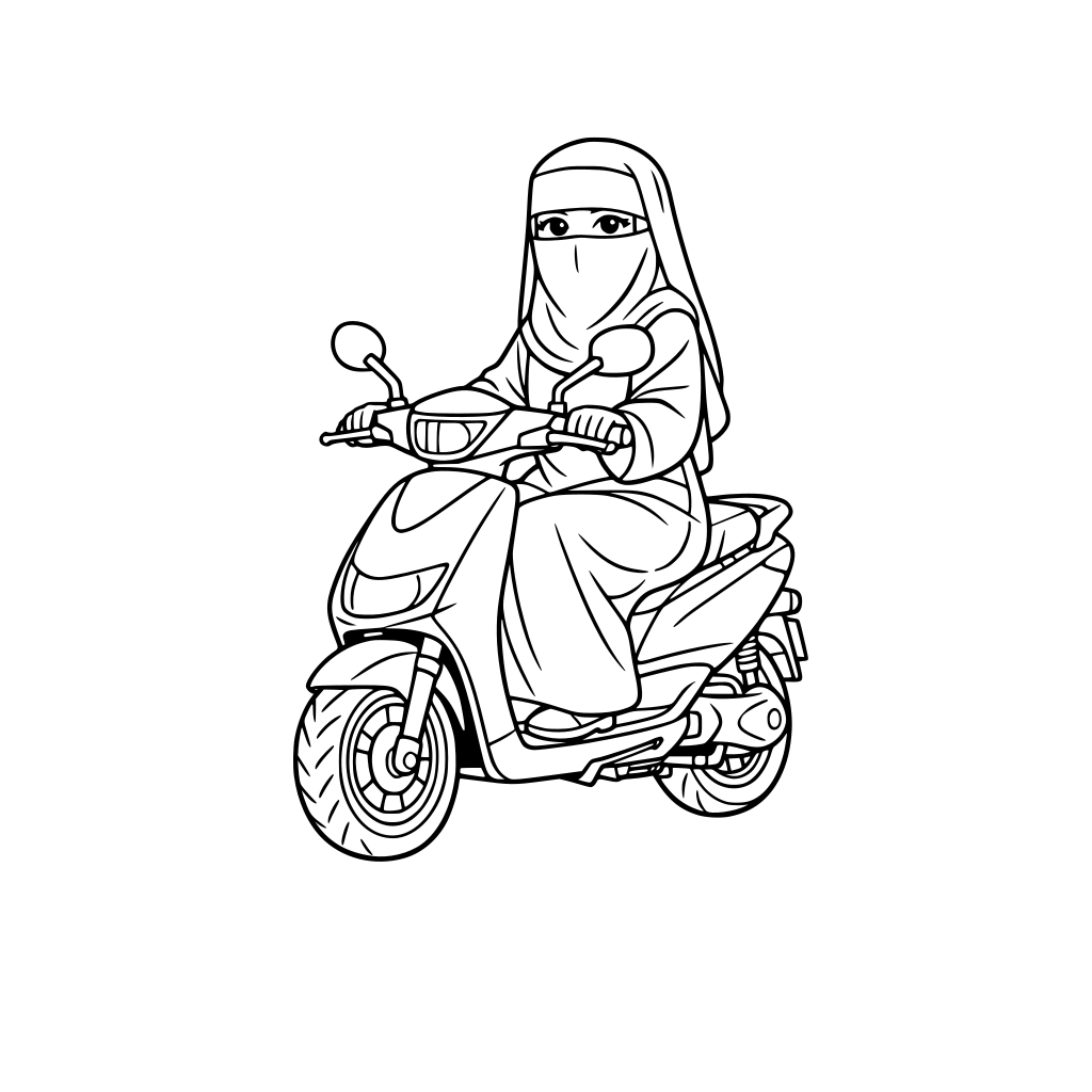 A girl wearing niqab and sitting on an electric scooter