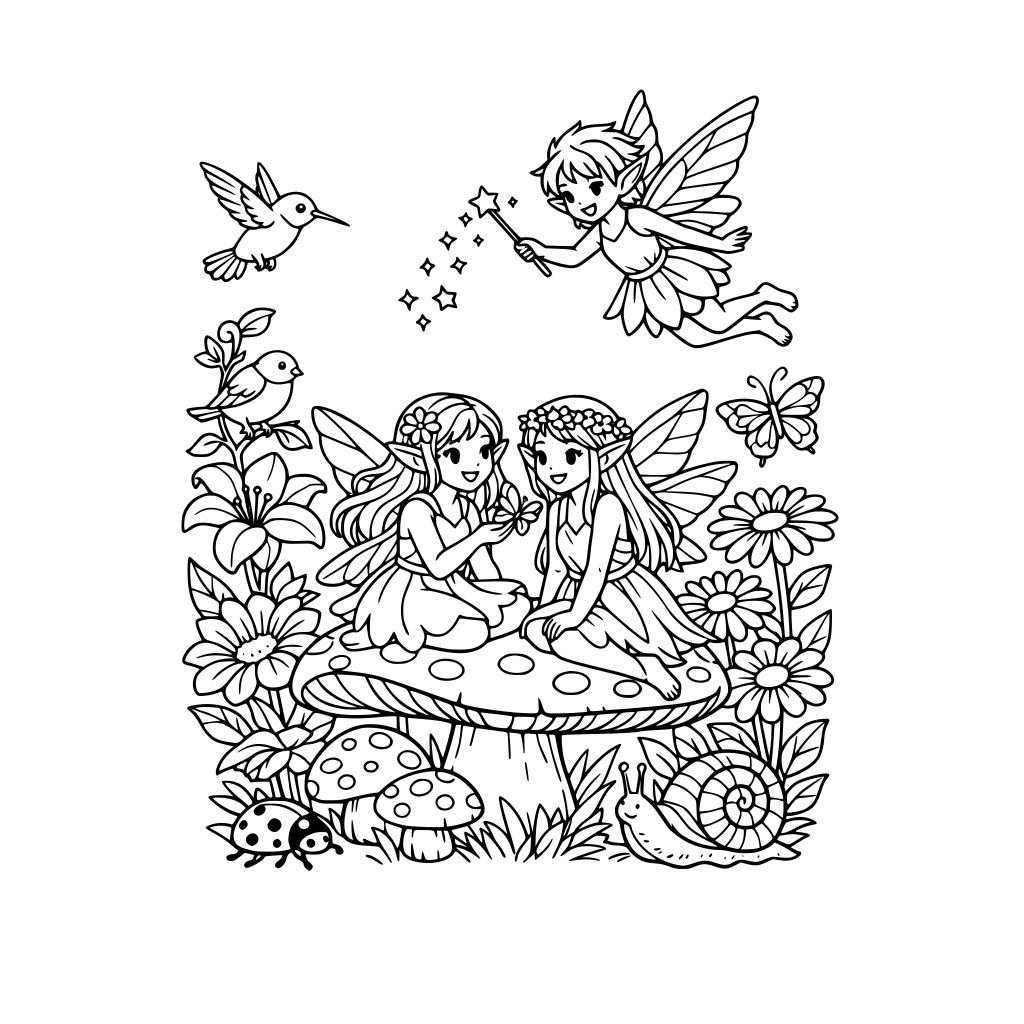 fairies in a lush garden