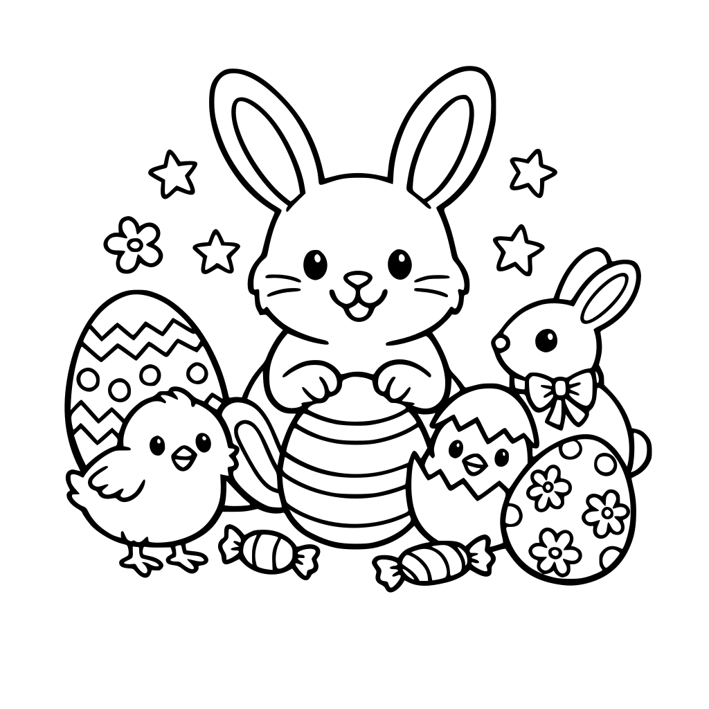 dessin de Pâques (lapin, oeufs en chocolat, poussin, etc.)