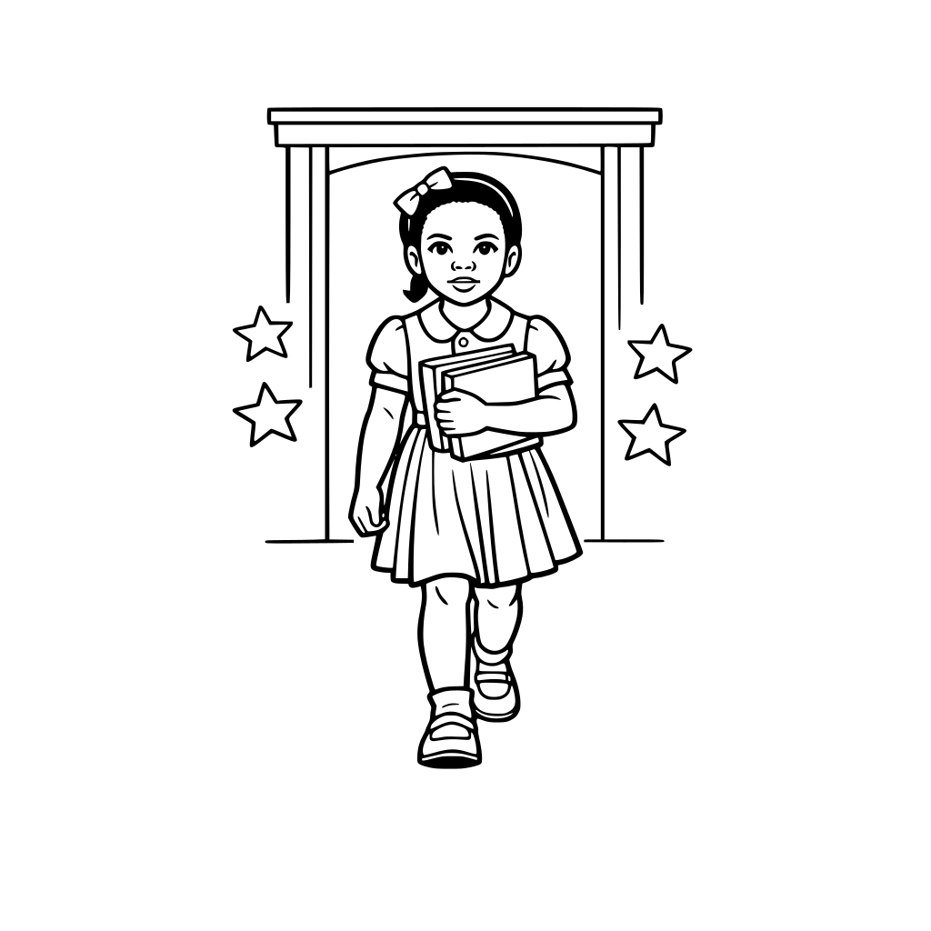 Ruby Bridges walking to school holding books, brave focused expression, simple school doorway outline, mid-body framing.