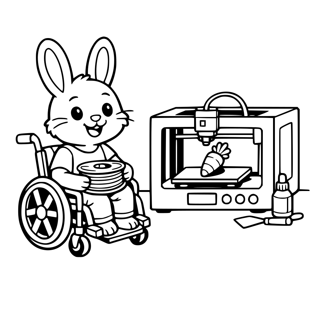 a book about a bunny in a wheelchair who 3d prints