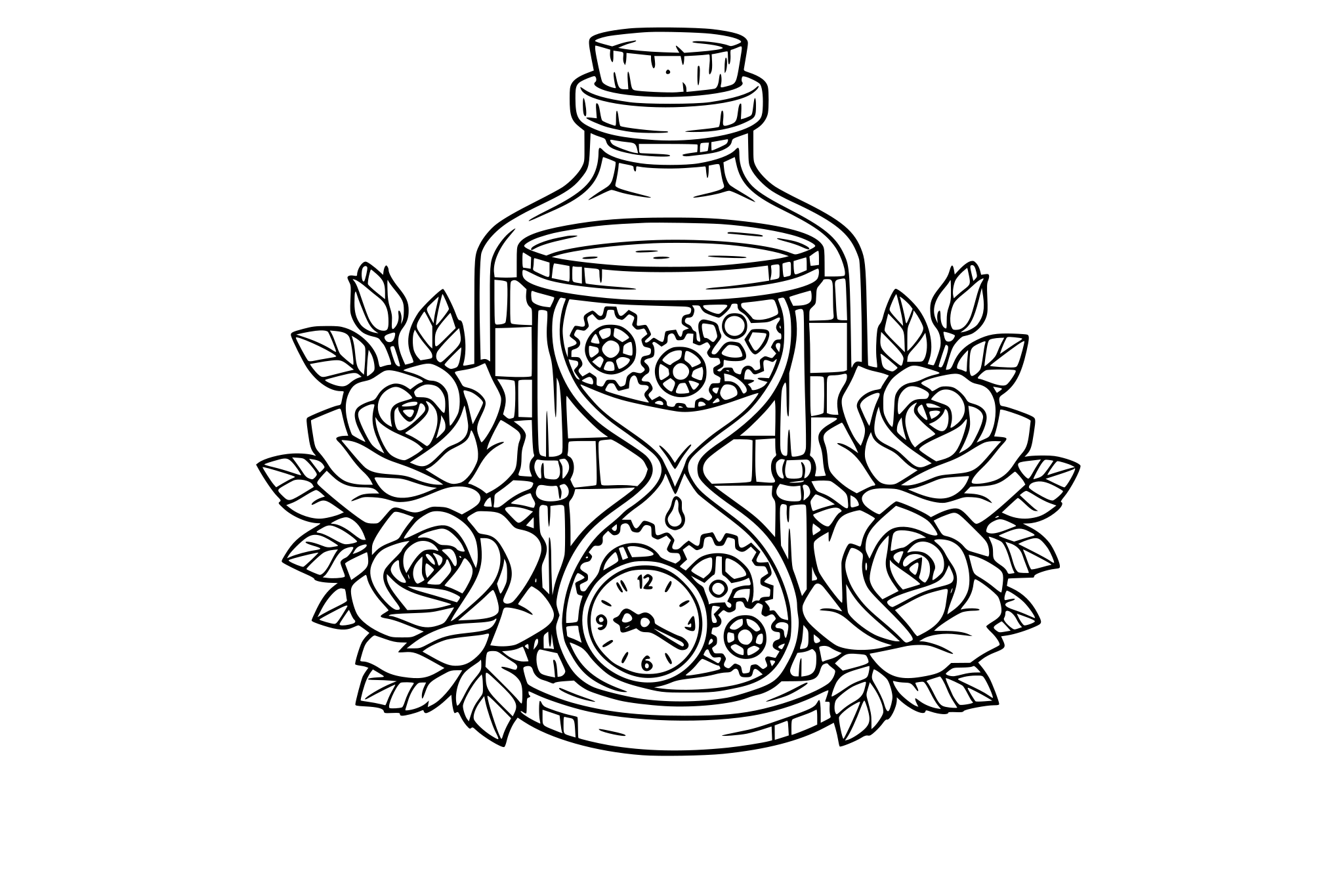 A rustic hourglass with clock cogs inside a bottle. With roses and brick texture.
