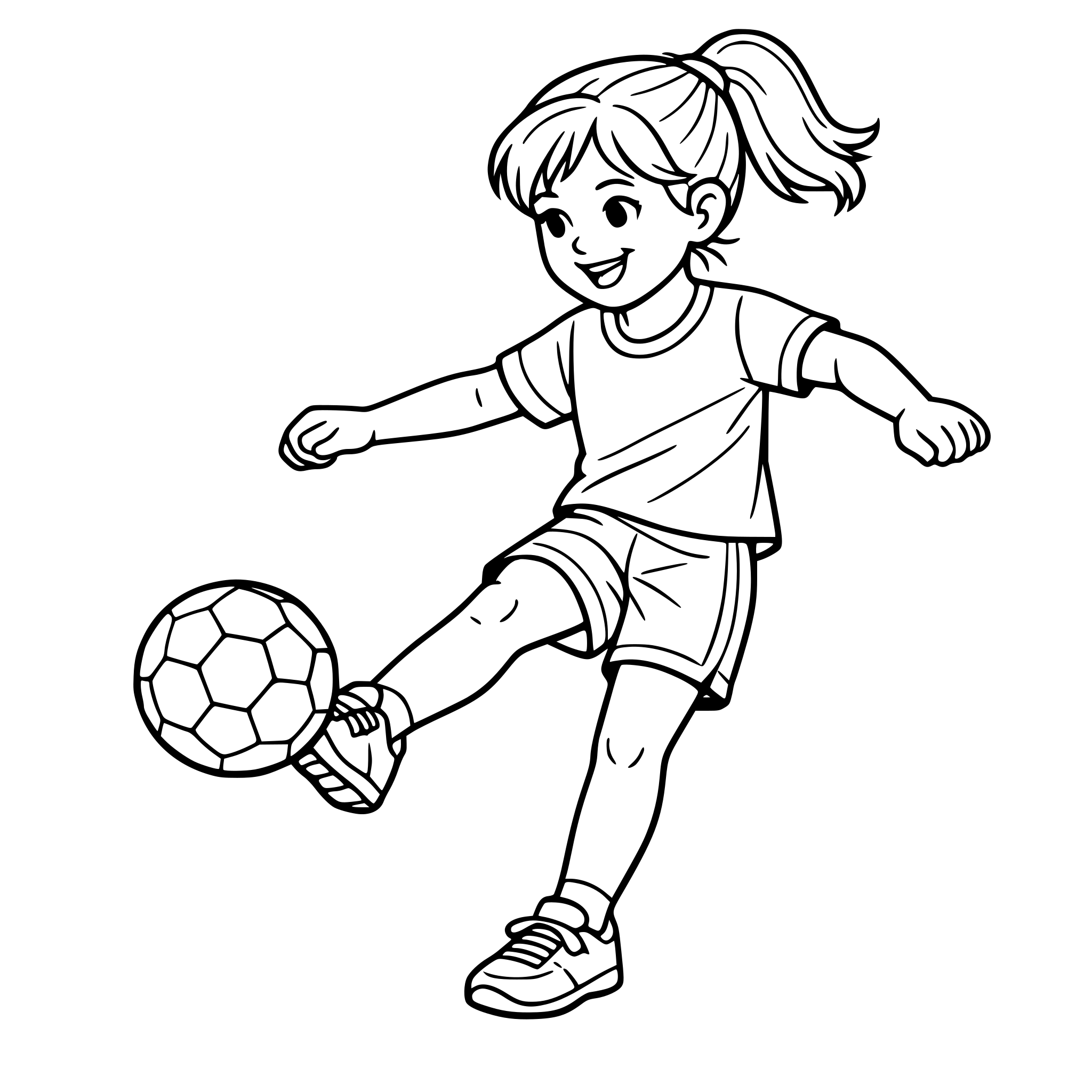 One realistic young girl kicking a ball. White background, isolated.
