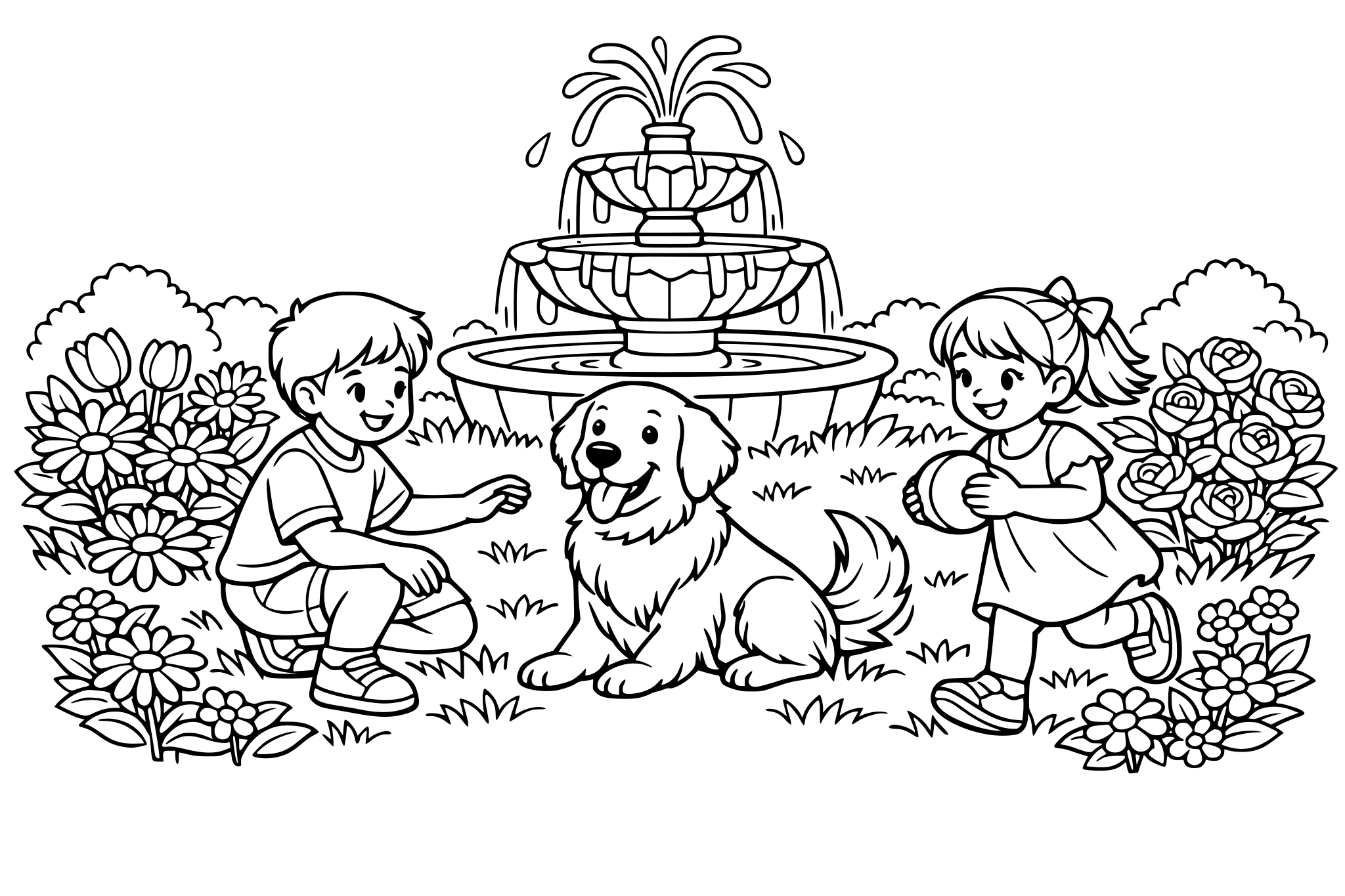 A children playing in garden with golden retriever garden is surrounded by beautiful flowers and green grass and fountain is also there in garden