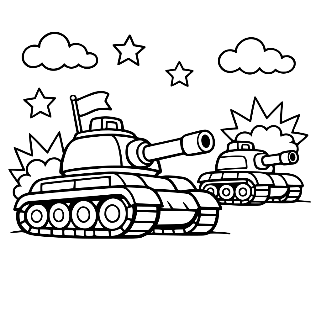 Kolorowanka dla dzieci w wieku 3 do 10 lat, czołgi