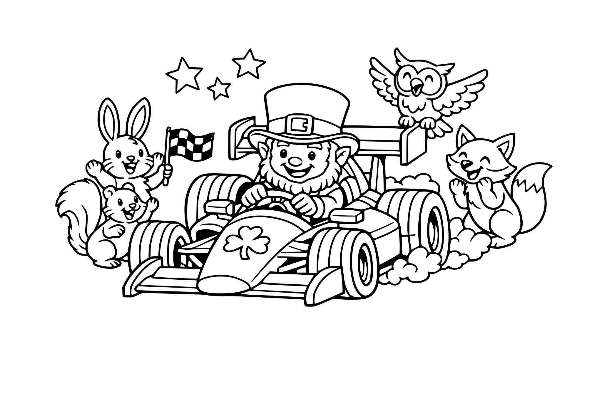 Leprechaun driving a race car with his woodland friends cheering him on
