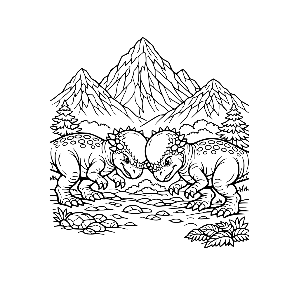 Portrait oriented coloring book page that is black and white with two friendly Pachycephalosaurs butting heads together. Background has mountains. Fill the whole page with great detail to the top and bottom borders.
