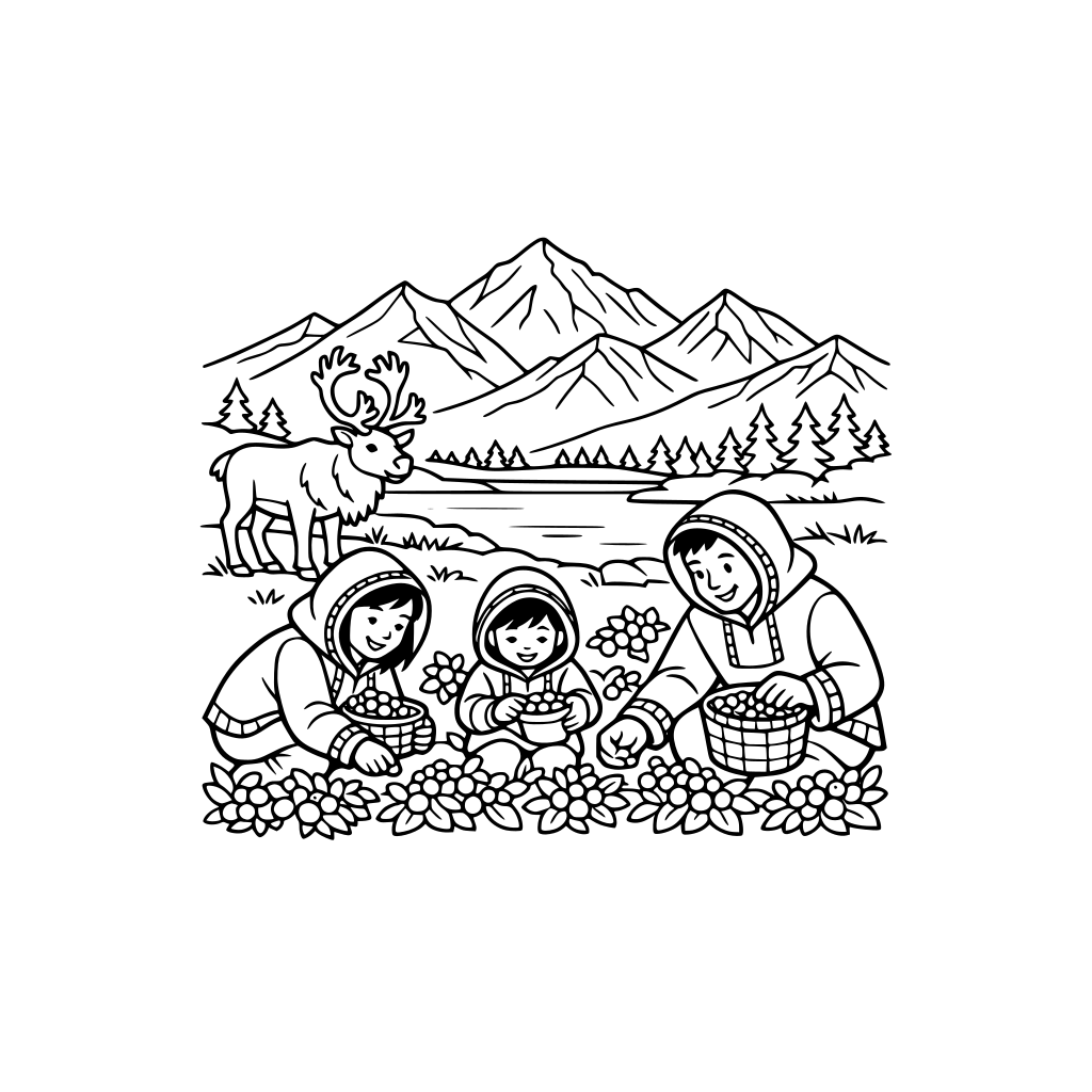 an Alaskan scene with mountains, a caribou, and a family wearing kuspuks while picking berries together