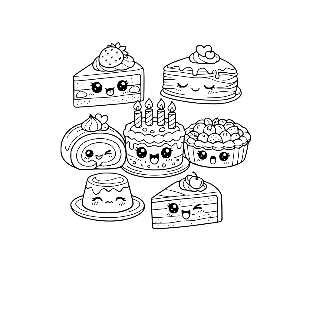 various kawaii cakes with different facial expressions. strawberry cake, crepe cake, cream roll, birthday cake, fruit pie, caramel pudding, sliced cake. do not repeat cakes and do not repeat facial expressions more than twice.