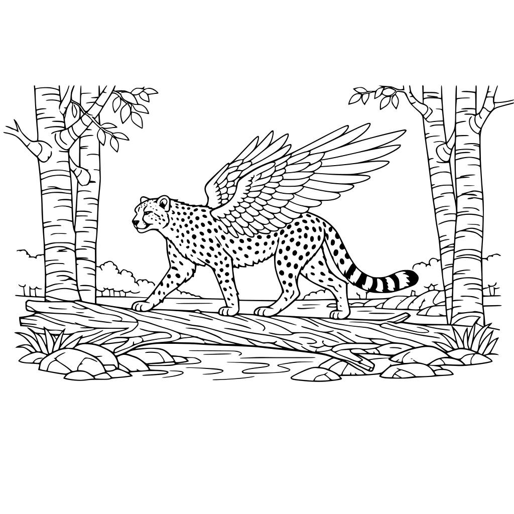 winged cheetah walking on a fallen branch in a birch forest forest beside a river