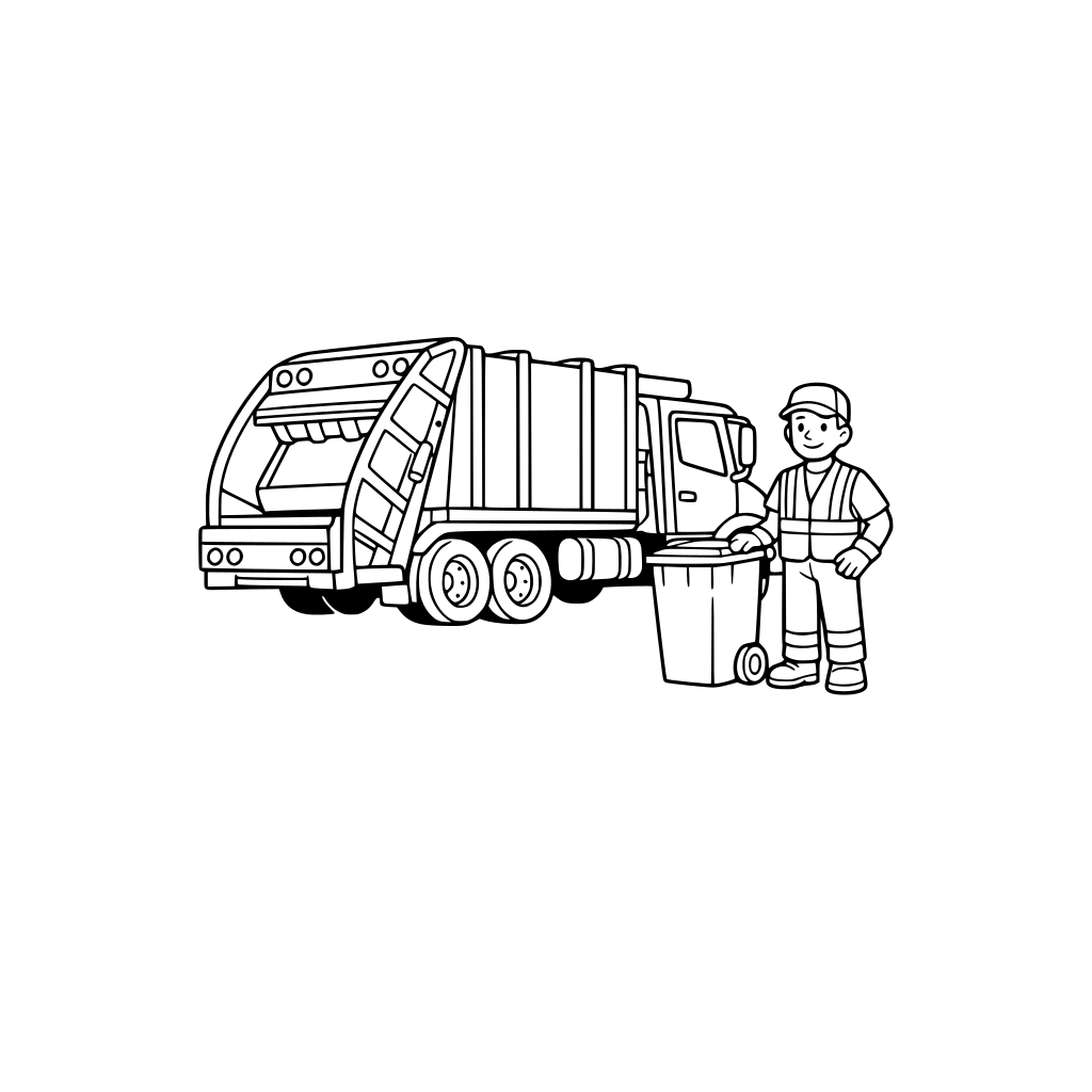 A garbage truck on a street with a garbage man beside it
