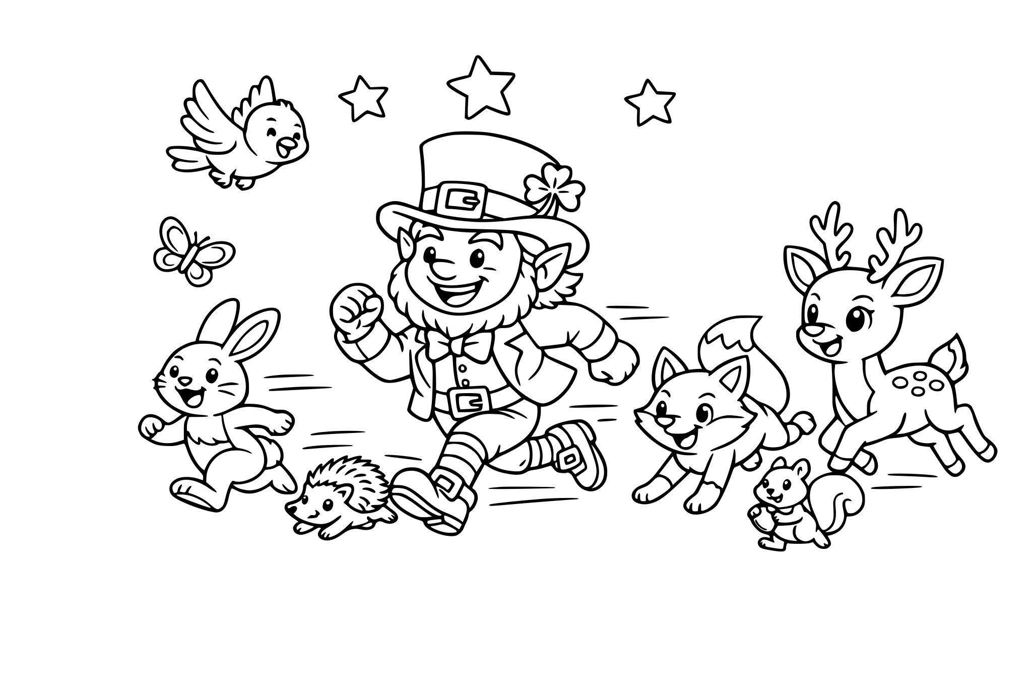 Leprechaun running a race with the woodland animals in the forest