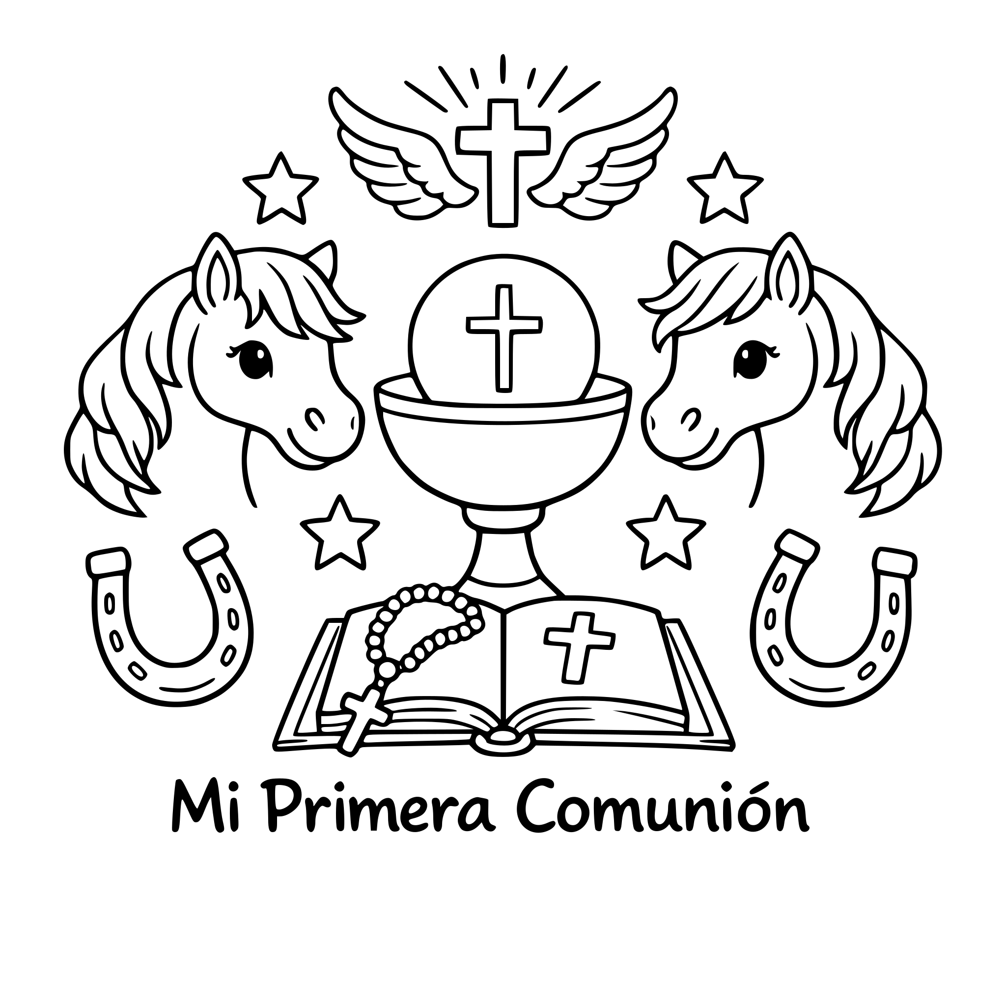 libo para colorear infantil de comunion con tematica de caballos herraduras en estilo lineal sencillo bancio y negro